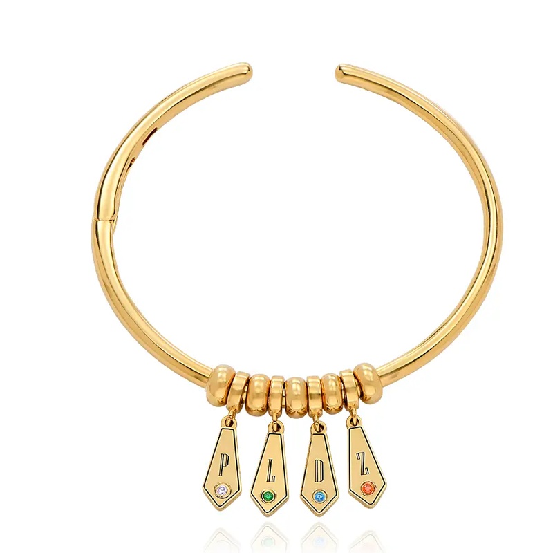 Radiant Initial Birthstone Charm Bangle in Gold Vermeil-YAFEINI Personalized Jewelry