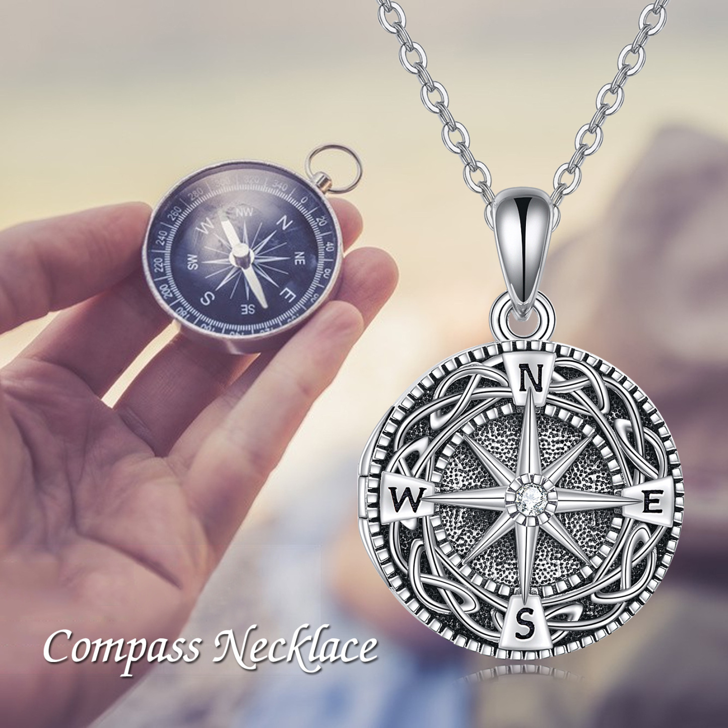 Personalized Zircon Celtic Knot Compass Custom Photo Locket Necklace in Sterling Silver-YAFEINI Personalized Jewelry