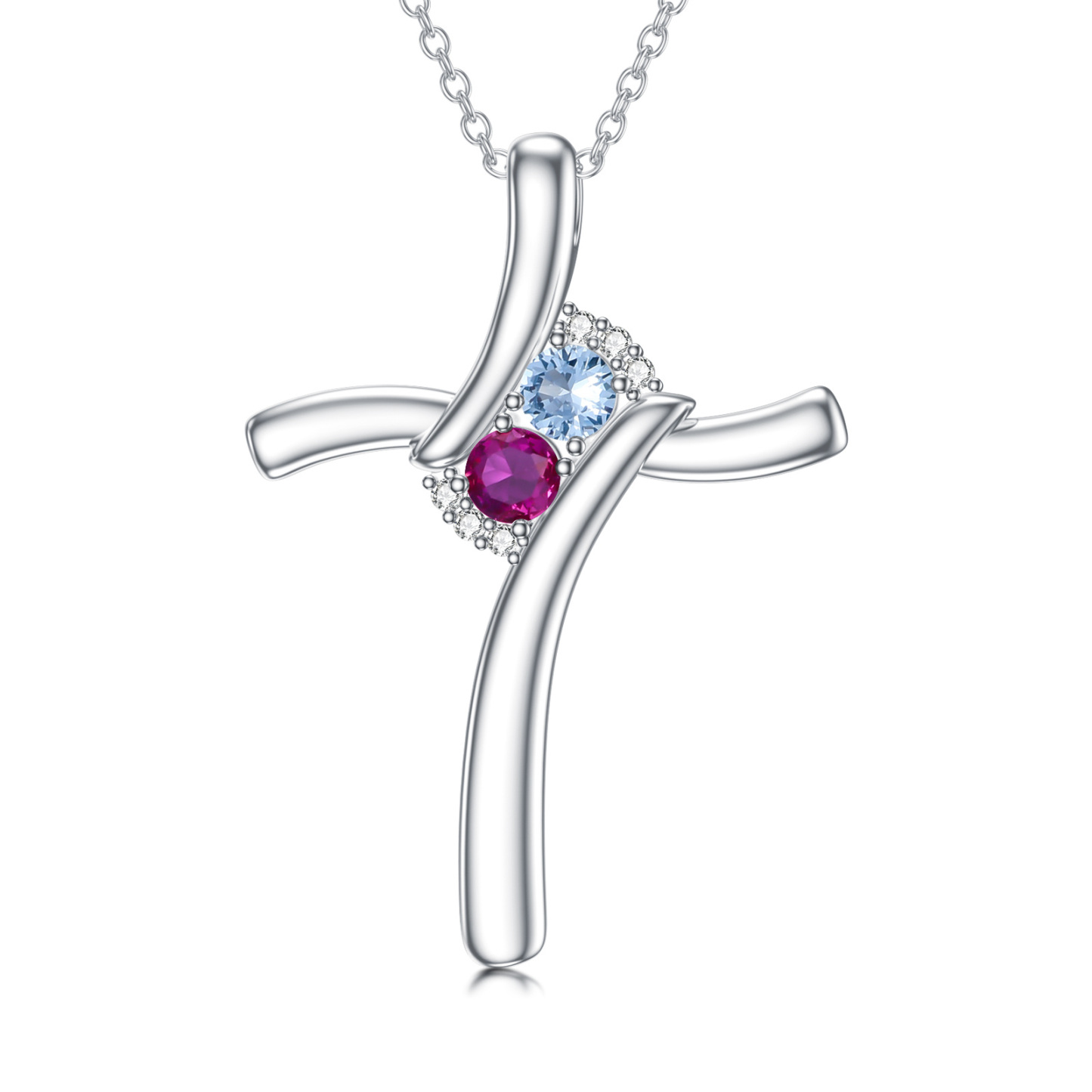Celestial Zirconia Birthstone Cross Necklace in Sterling Silver-YAFEINI Personalized Jewelry