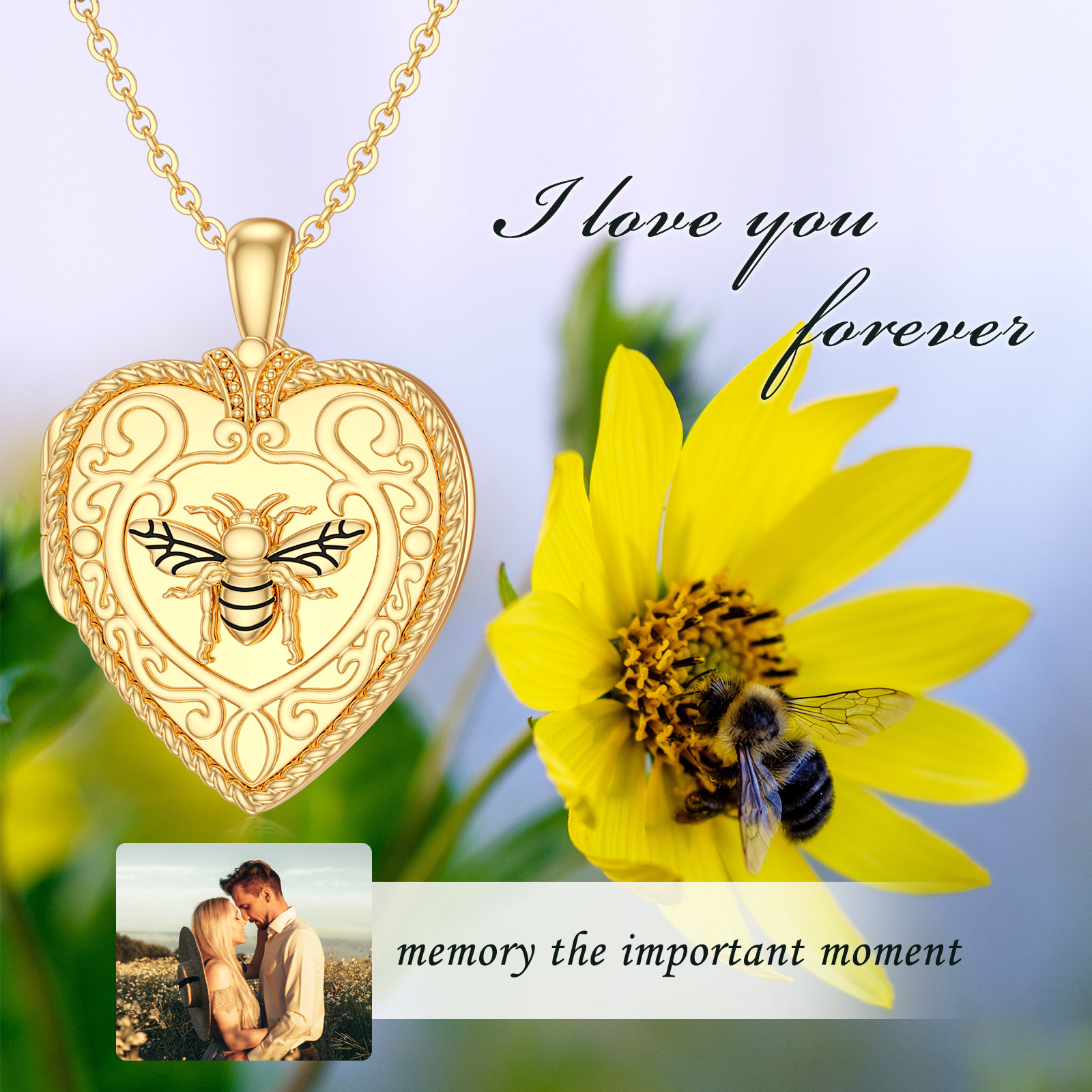 Heart Bee Personalized Photo Locket Necklace for Women in Gold Vermeil-YAFEINI Personalized Jewelry