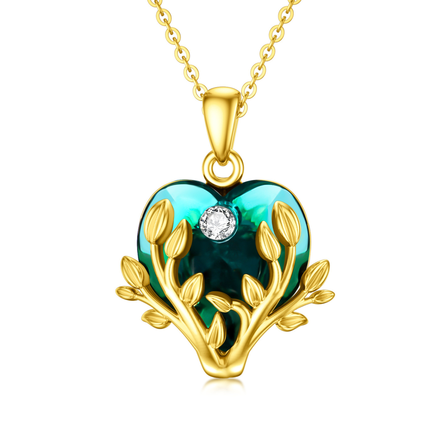 Heart Shaped Crystal Tree Of Life Birthstone Necklace in 14K Solid Gold-YAFEINI Personalized Jewelry