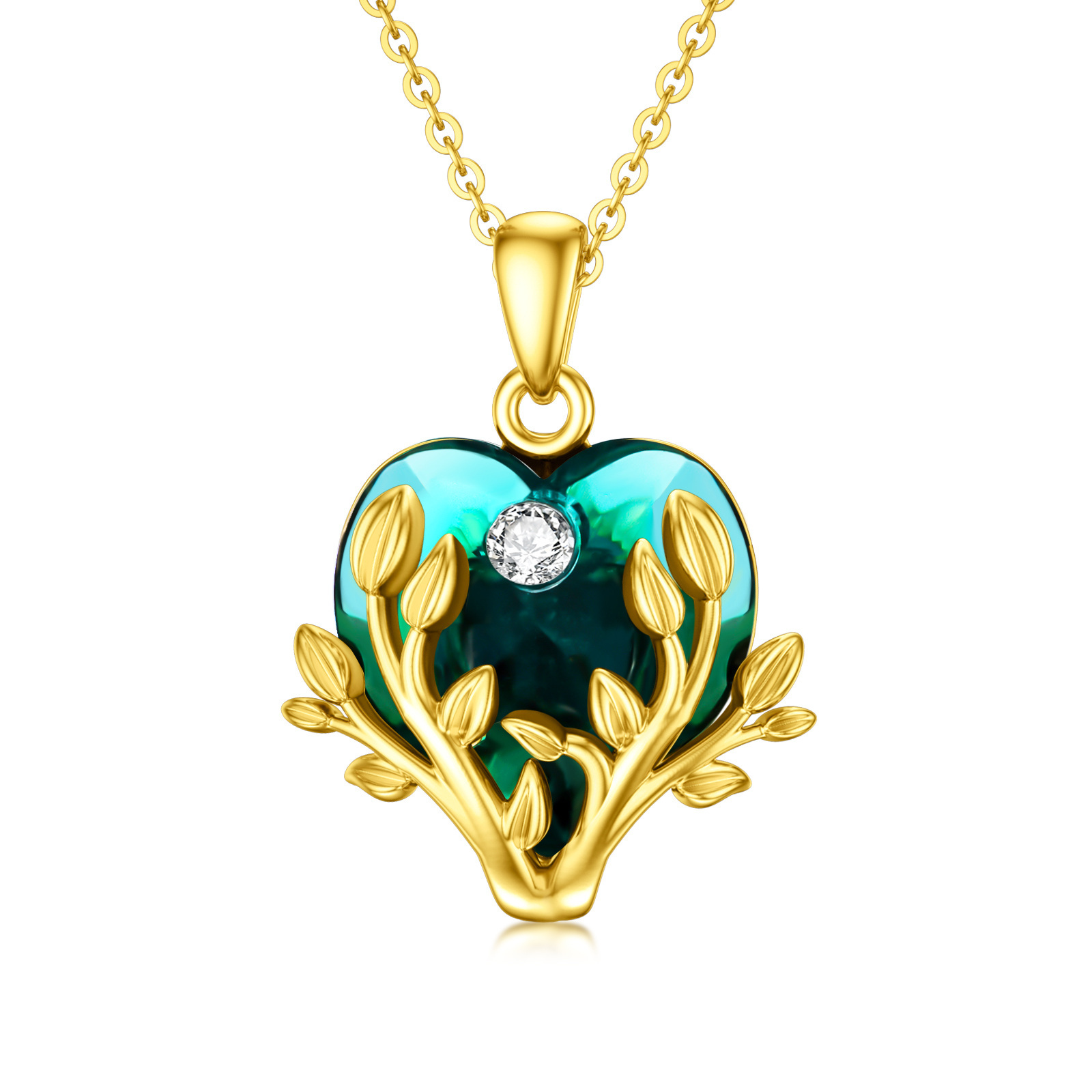 Heart Shaped Crystal Tree Of Life Birthstone Necklace in 14K Solid Gold-YAFEINI Personalized Jewelry