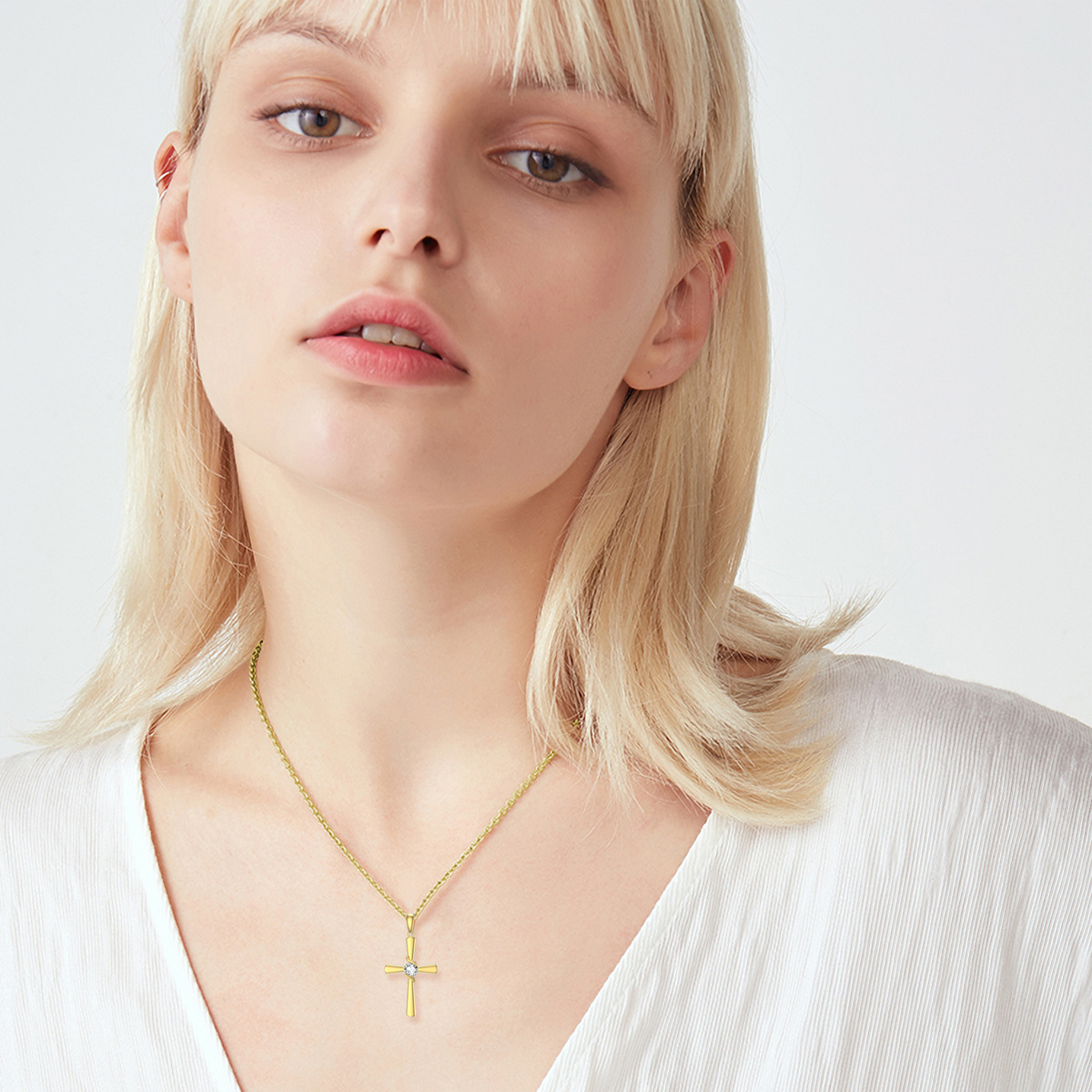 Zircon Cross Pendant Birthstone Necklace in Gold Vermeil-YAFEINI Personalized Jewelry