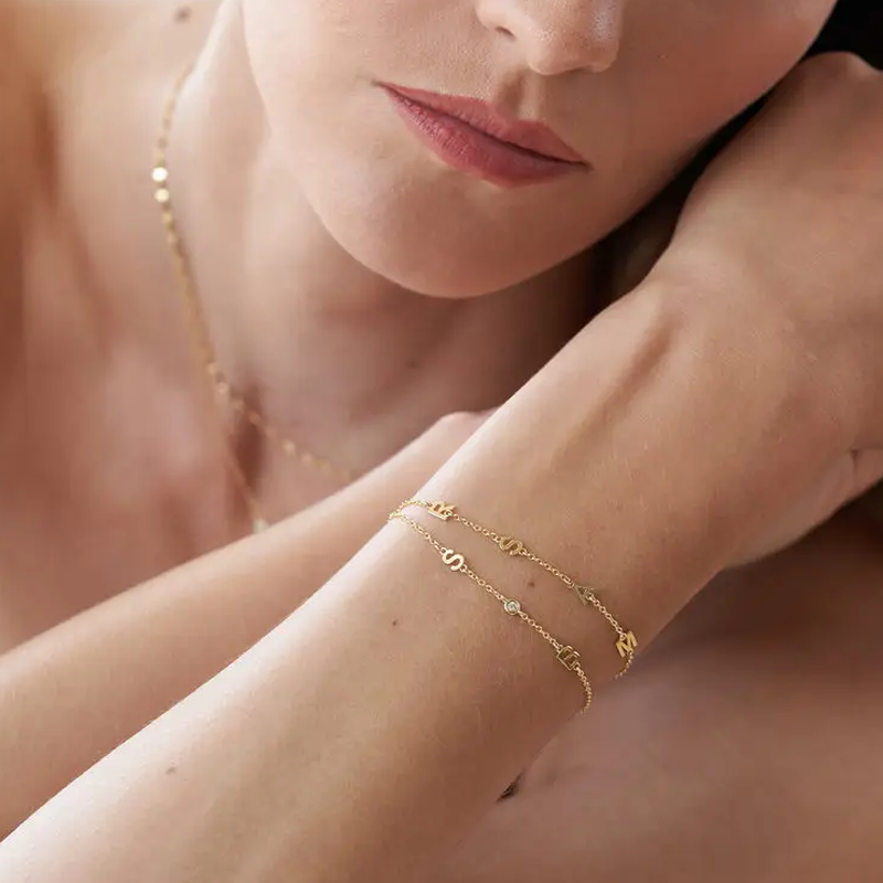 Radiant Initial Cubic Zirconia Charm Bracelet in 14K Solid Gold-YAFEINI Personalized Jewelry