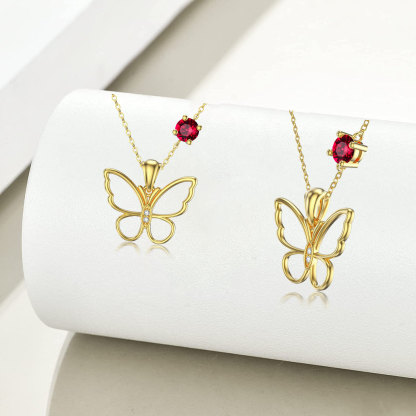 Heart Shaped Cubic Zirconia Birthstone Butterfly Necklace in 14K Solid Gold-YAFEINI Personalized Jewelry