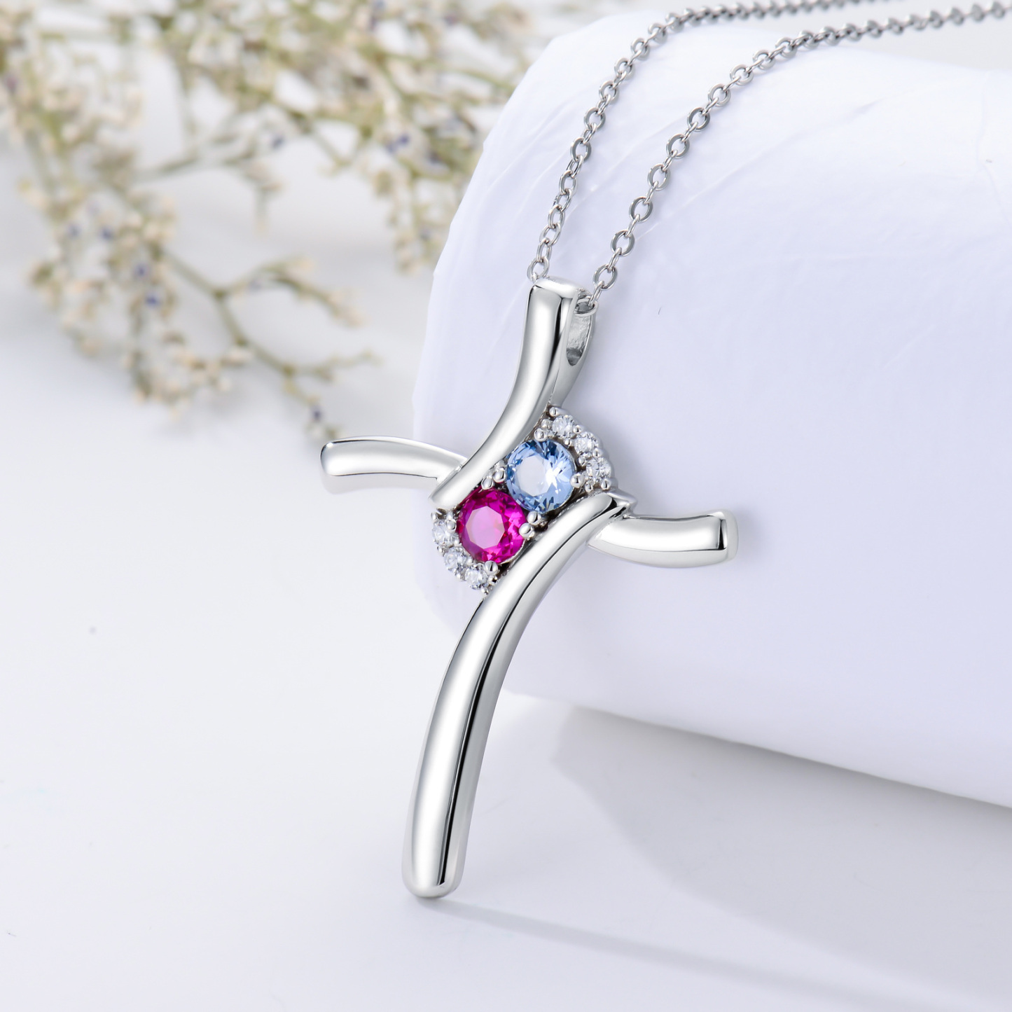 Celestial Zirconia Birthstone Cross Necklace in Sterling Silver-YAFEINI Personalized Jewelry