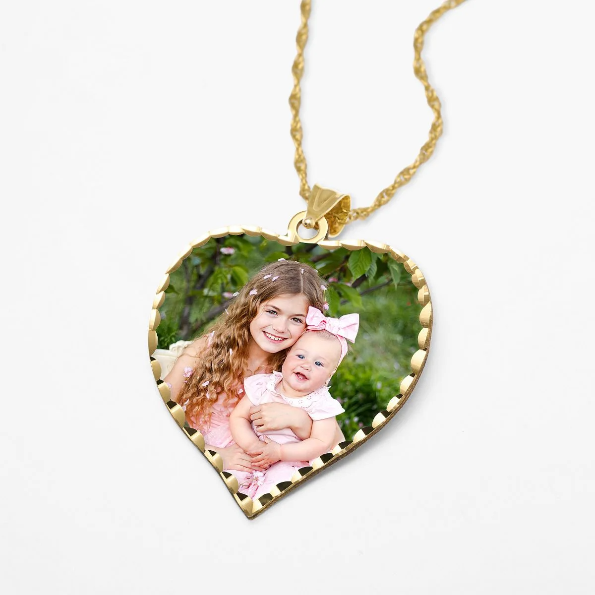Heart Photo Engraved Necklace with Diamond Cut Edge in Sterling Silver