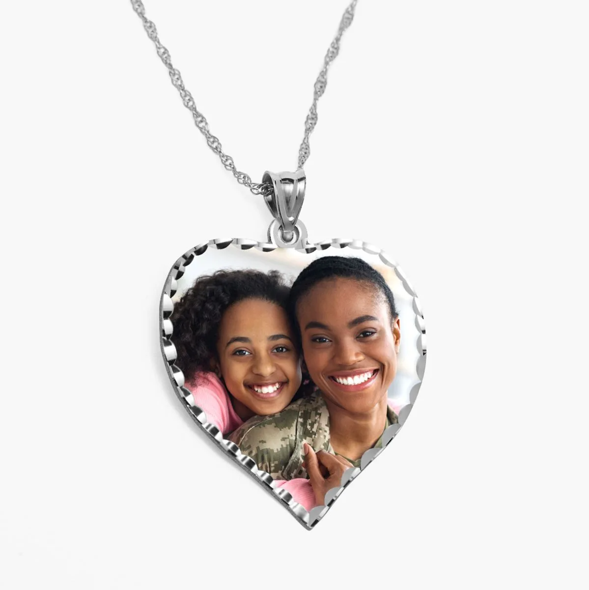 Heart Photo Engraved Necklace with Diamond Cut Edge in Sterling Silver