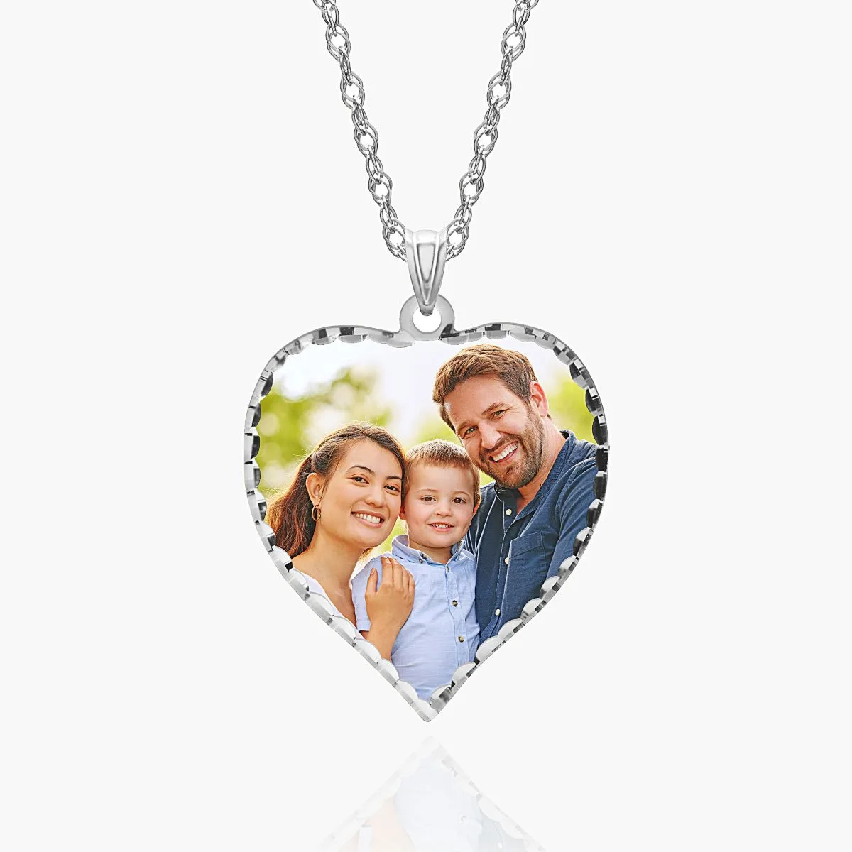Heart Photo Engraved Necklace with Diamond Cut Edge in Sterling Silver