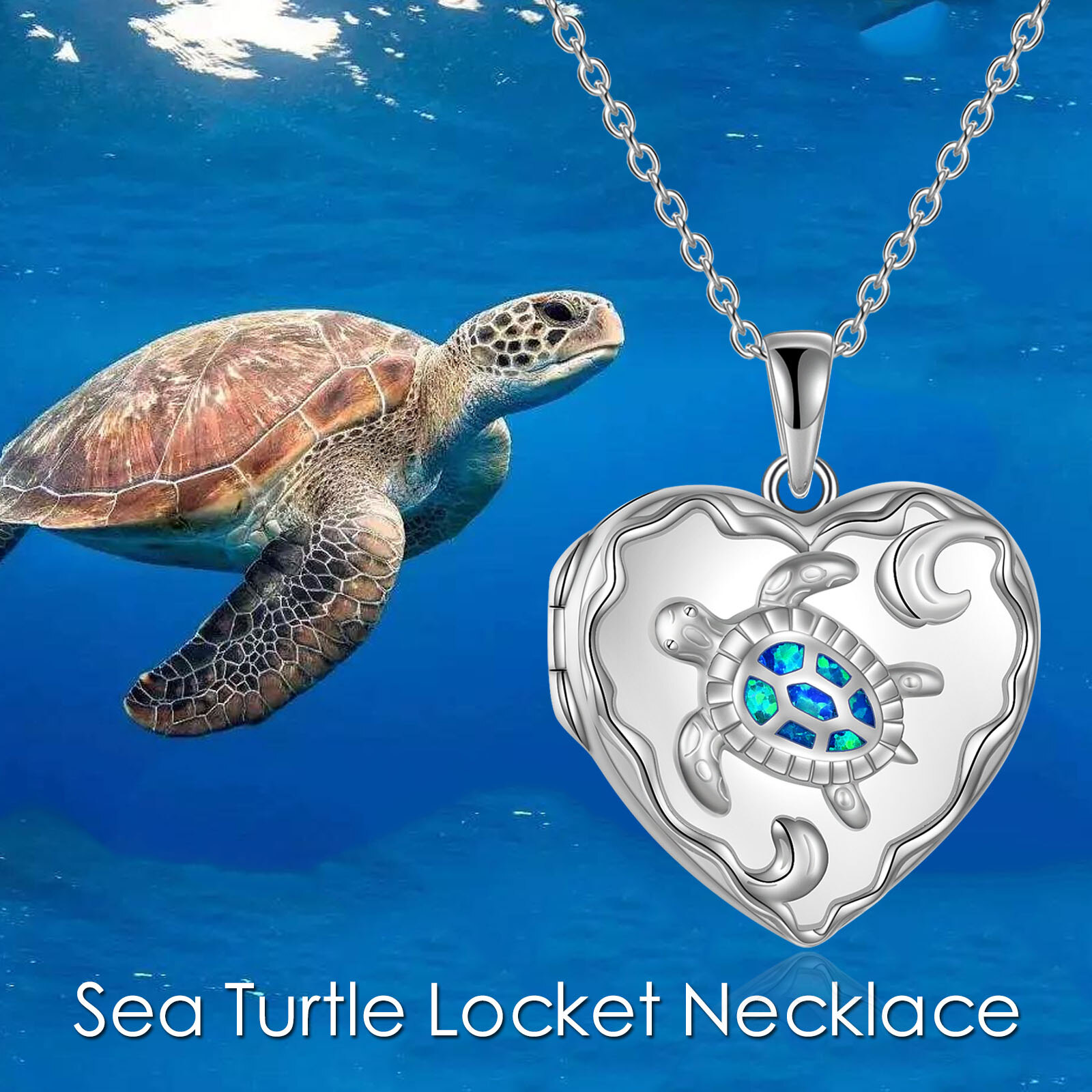 Opal Turtle Heart Personalized Photo Locket Necklace with Engraved Word in Sterling Silver-YAFEINI Personalized Jewelry