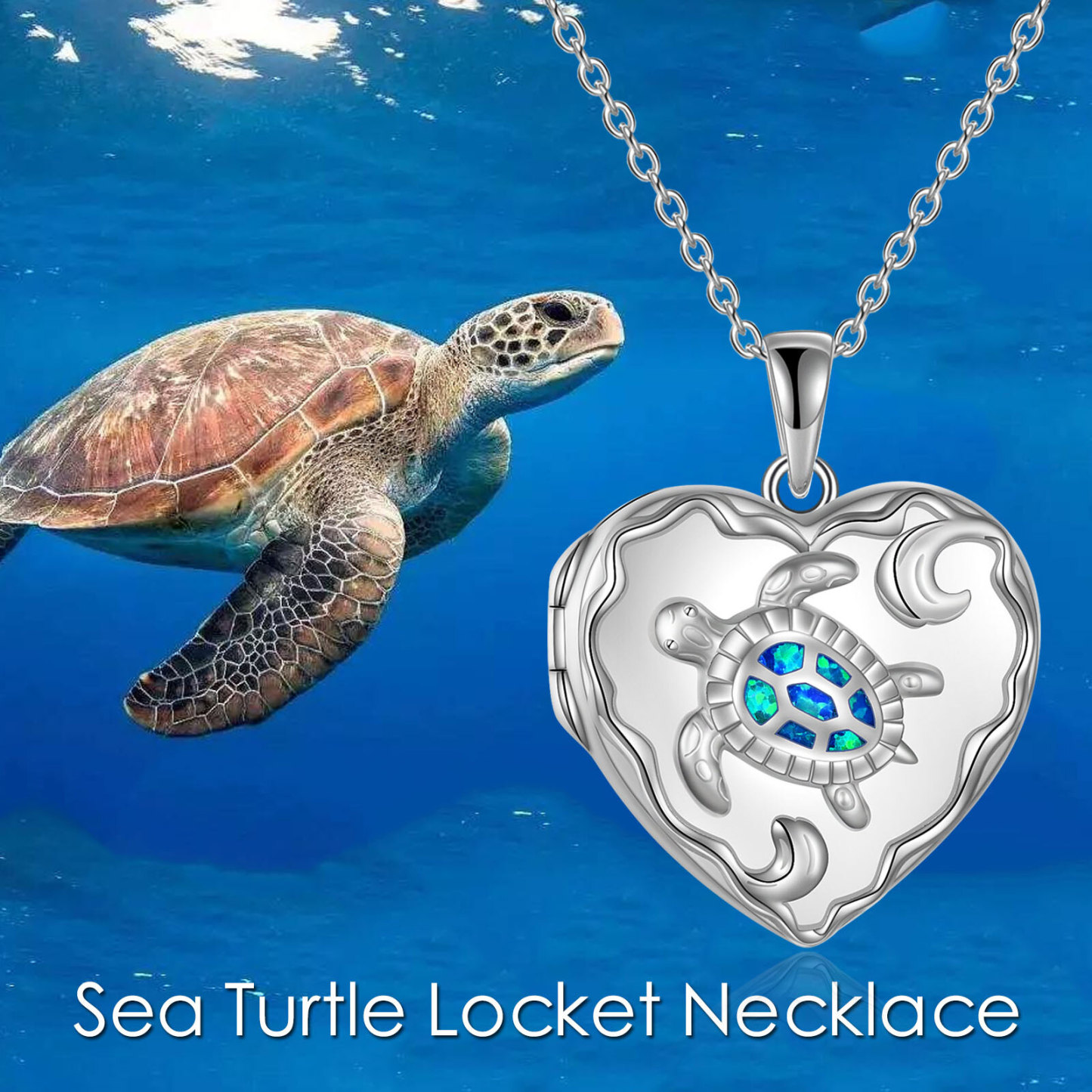 Opal Turtle Heart Personalized Photo Locket Necklace with Engraved Word in Sterling Silver-YAFEINI Personalized Jewelry