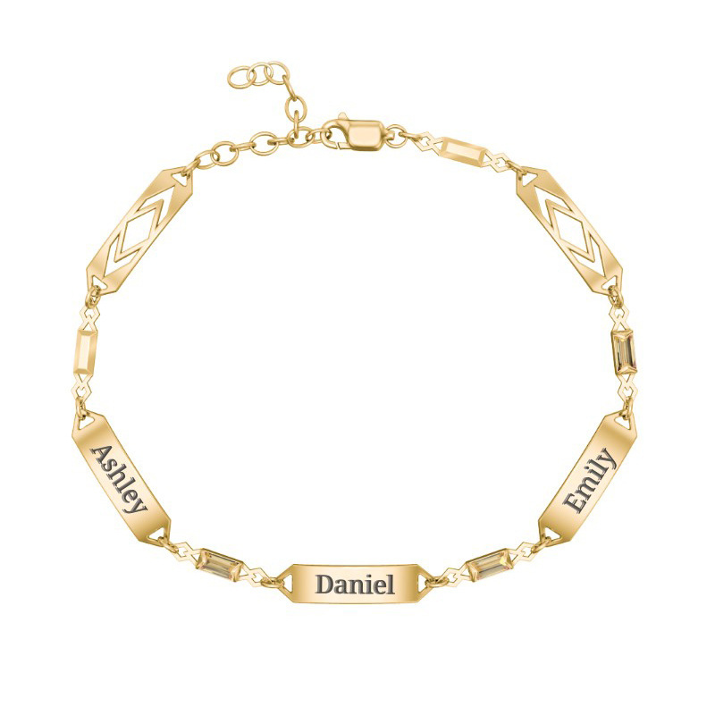 Customized Birthstone & Engraved ID Bracelet in 14K Solid Gold-YAFEINI Personalized Jewelry