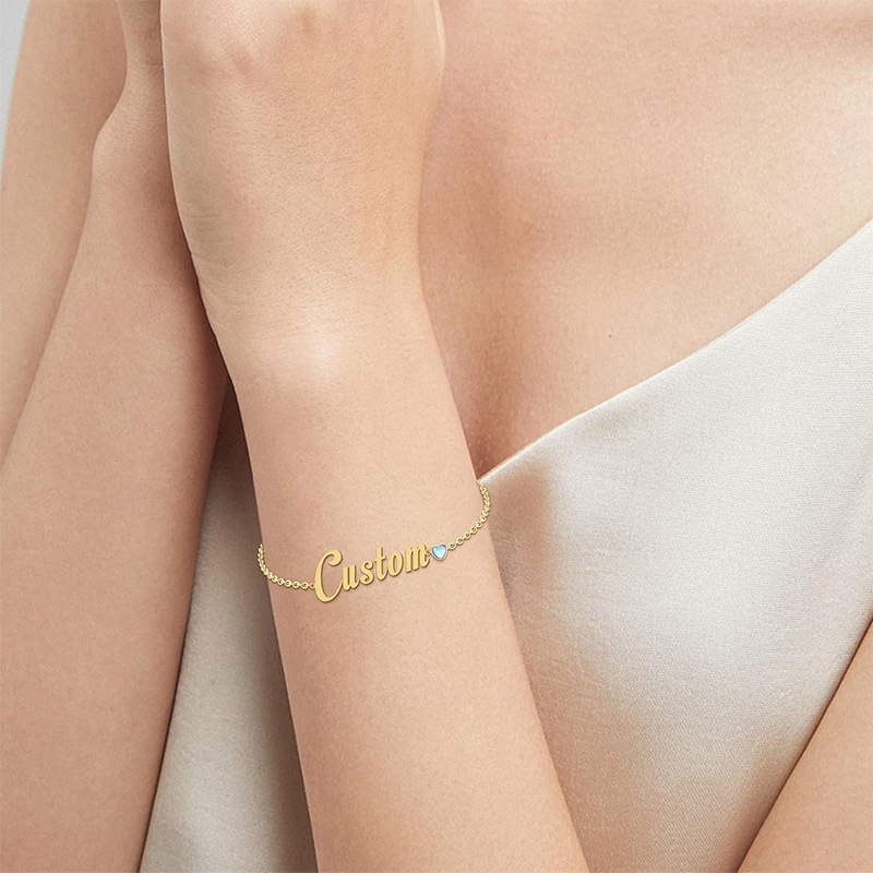Sparkling Birthstone Name Bracelet for Women in 14K Solid Gold-YAFEINI Personalized Jewelry