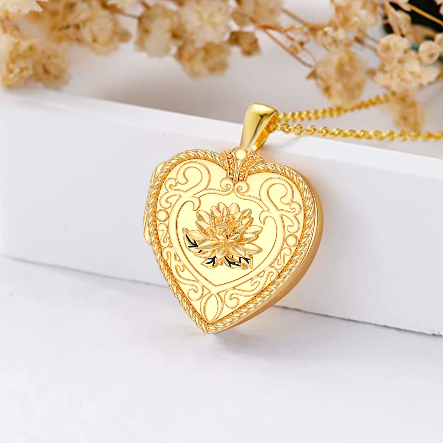 Personalized Lotus Heart Custom Photo Locket Necklace in 14K Solid Gold-YAFEINI Personalized Jewelry