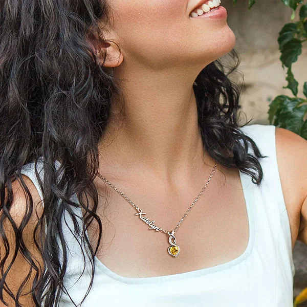 Infinity Symbol Personalized Heart Birthstone With Name Necklace In Sterling Silver