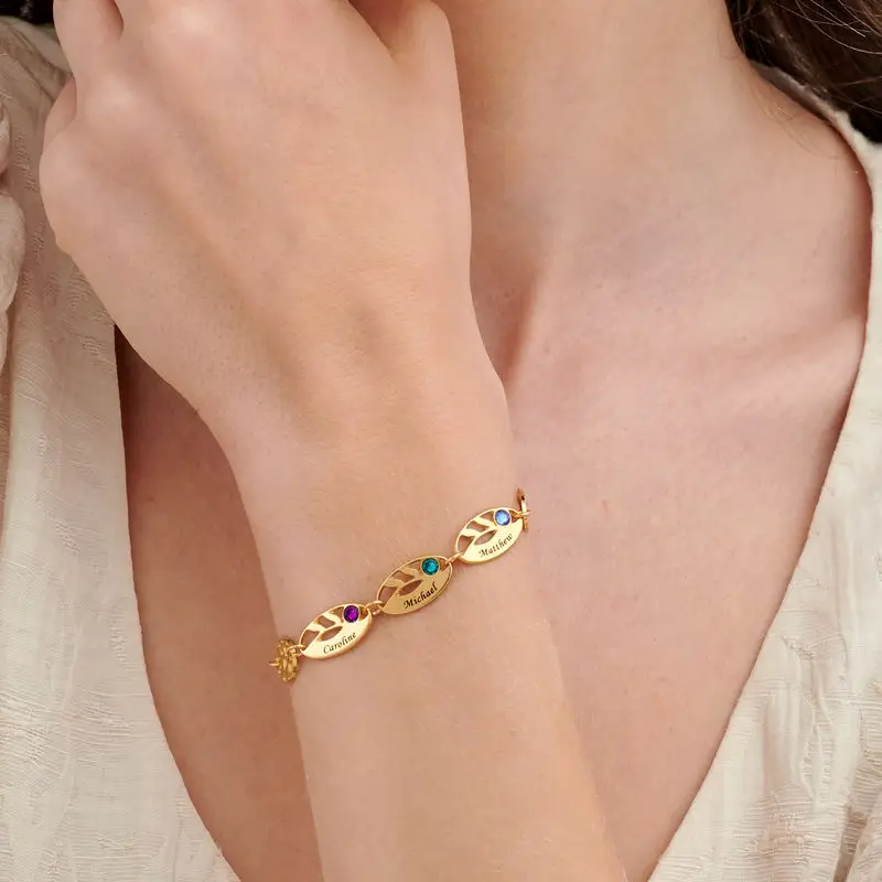 Elegant Birthstone Name Leaf Bracelet in Gold Vermeil-YAFEINI Personalized Jewelry