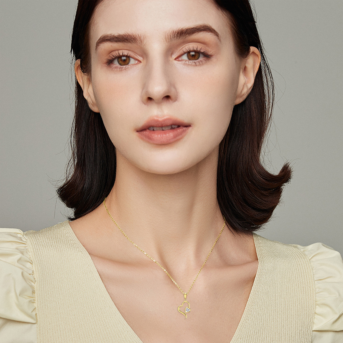 Cubic Zirconia Heart Birthstone Necklace in 14K Solid Gold-YAFEINI Personalized Jewelry