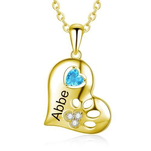 Heart Birthstone Paw Pendant Necklace in Gold Vermeil-YAFEINI Personalized Jewelry