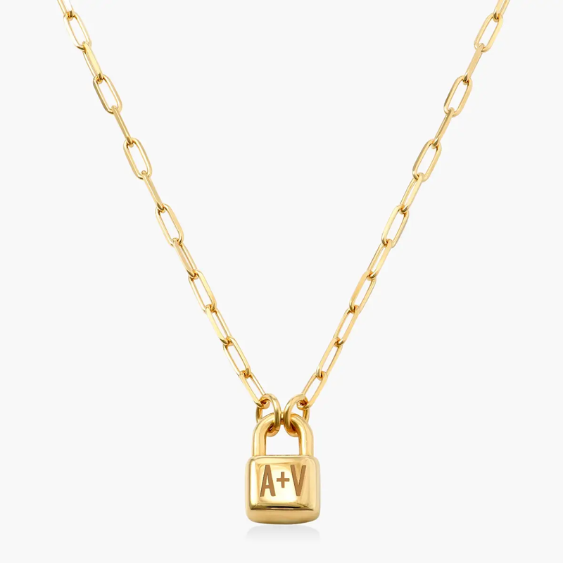 Sleek Lock Initial Necklace with Modern Paper Clip Chain in 14K Solid Gold-YAFEINI Personalized Jewelry