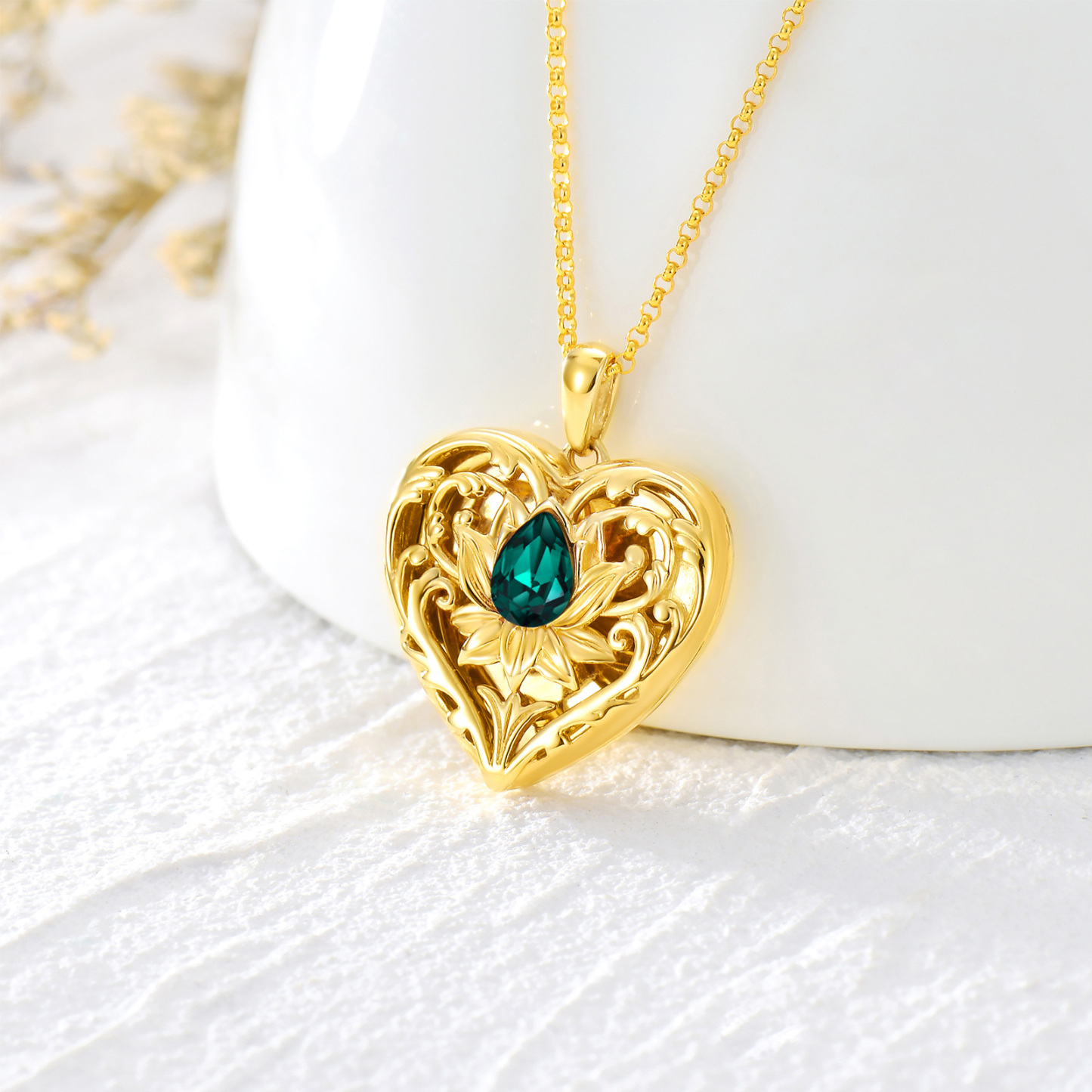 Personalized Crystal Engraving Lotus Heart Custom Photo Locket Necklace in 14K Solid Gold-YAFEINI Personalized Jewelry