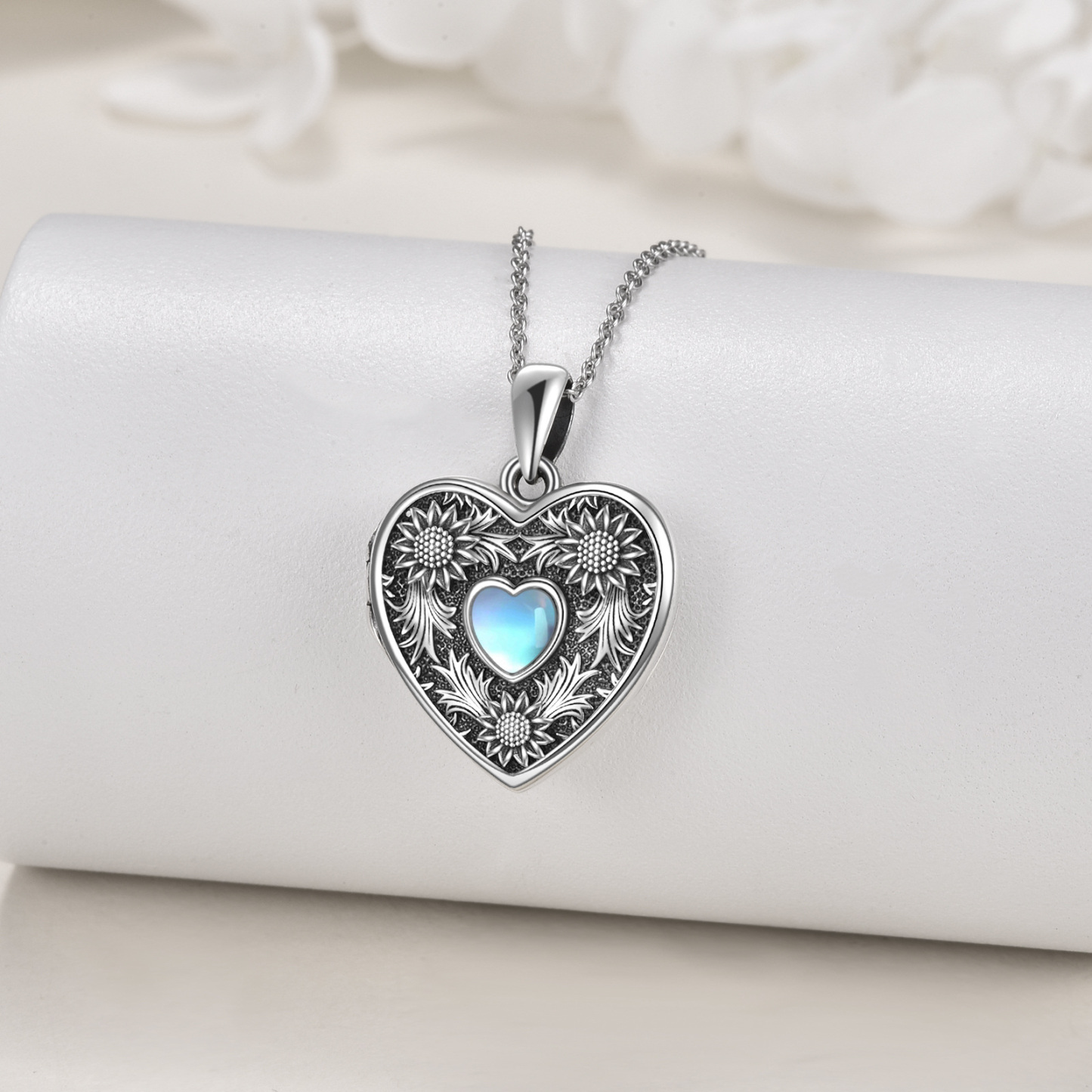 Personalized Moonstone Heart Shaped Rose Custom Photo Locket Necklace in Sterling Silver-YAFEINI Personalized Jewelry