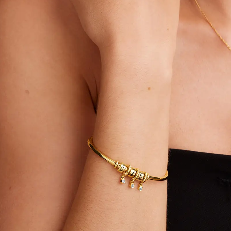 Personalized Sparkle Circle Bangle in 14K Solid Gold-YAFEINI Personalized Jewelry