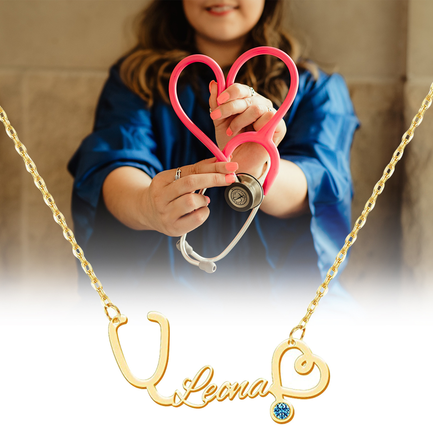 Elegant Stethoscope Name Necklace in 14K Solid Gold-YAFEINI Personalized Jewelry