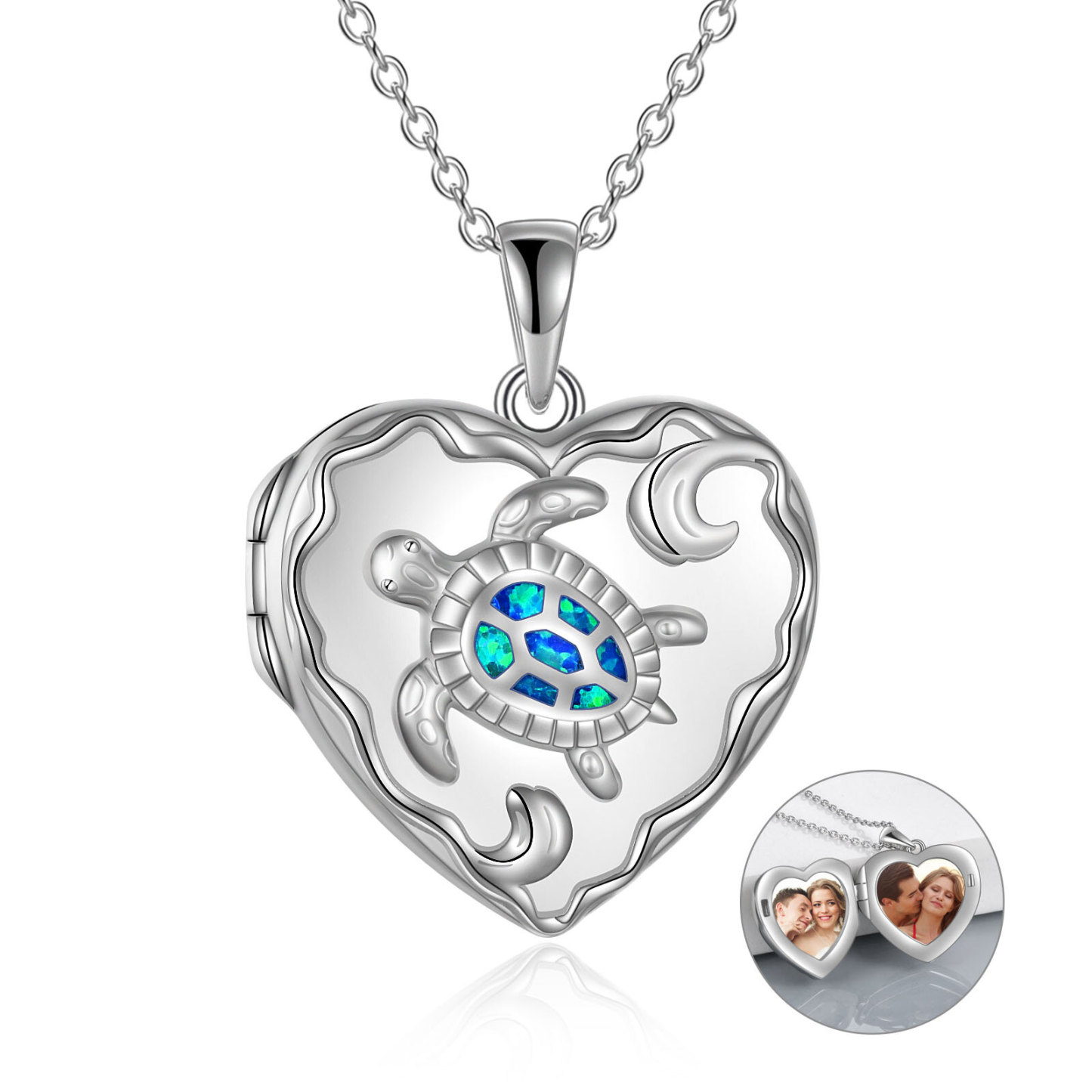 Opal Turtle Heart Personalized Photo Locket Necklace with Engraved Word in Sterling Silver-YAFEINI Personalized Jewelry