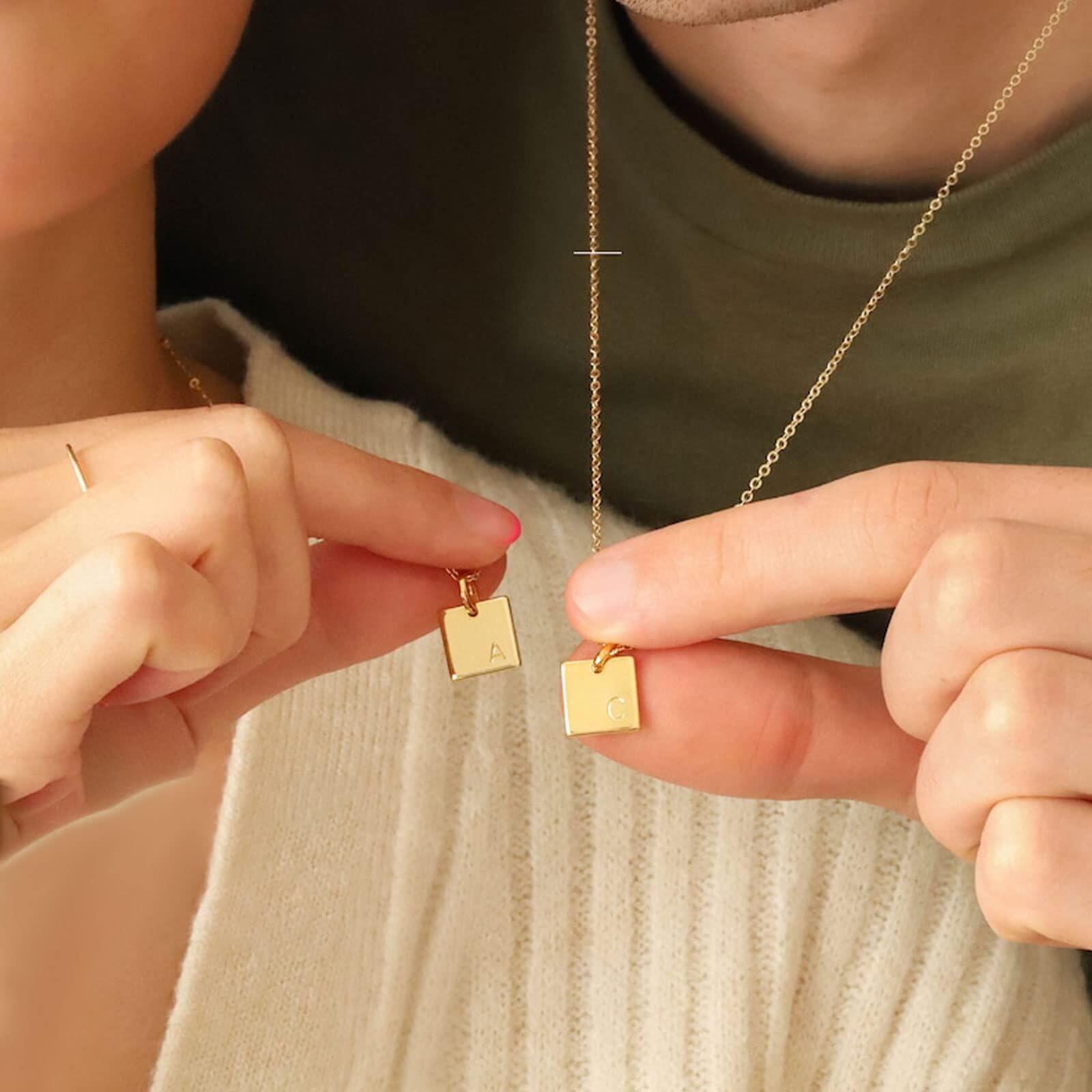 Chic Square Initial Necklace with Personalized Elegance in 14K Solid Gold-YAFEINI Personalized Jewelry