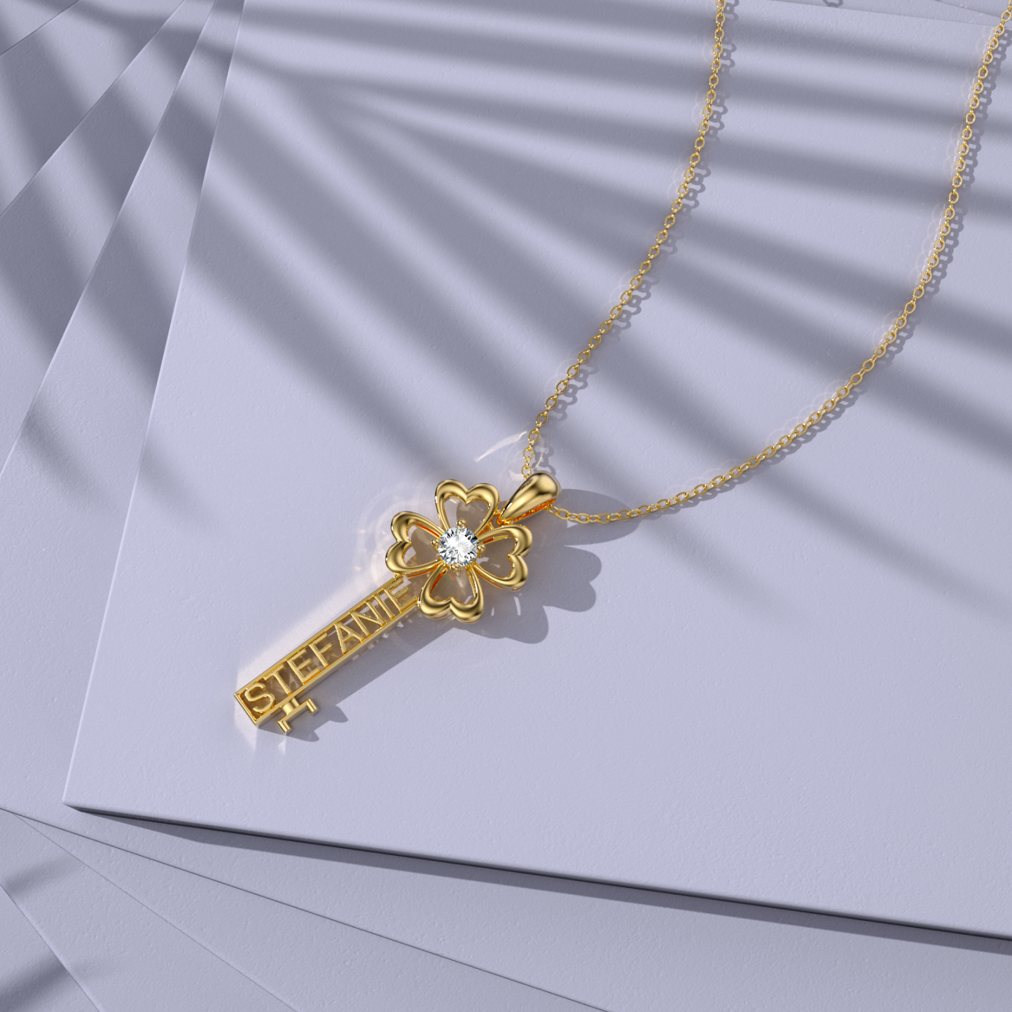 Radiant Cubic Zirconia Key Necklace in 14K Solid Gold-YAFEINI Personalized Jewelry