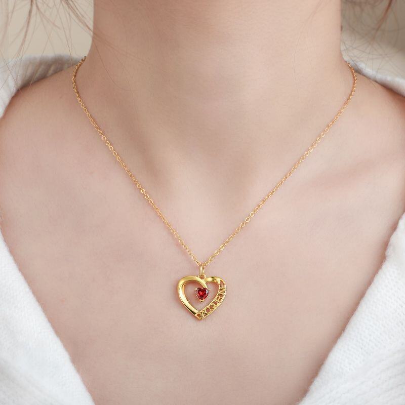 Heart Elegance Zirconia Birthstone Necklace in 14K Solid Gold-YAFEINI Personalized Jewelry