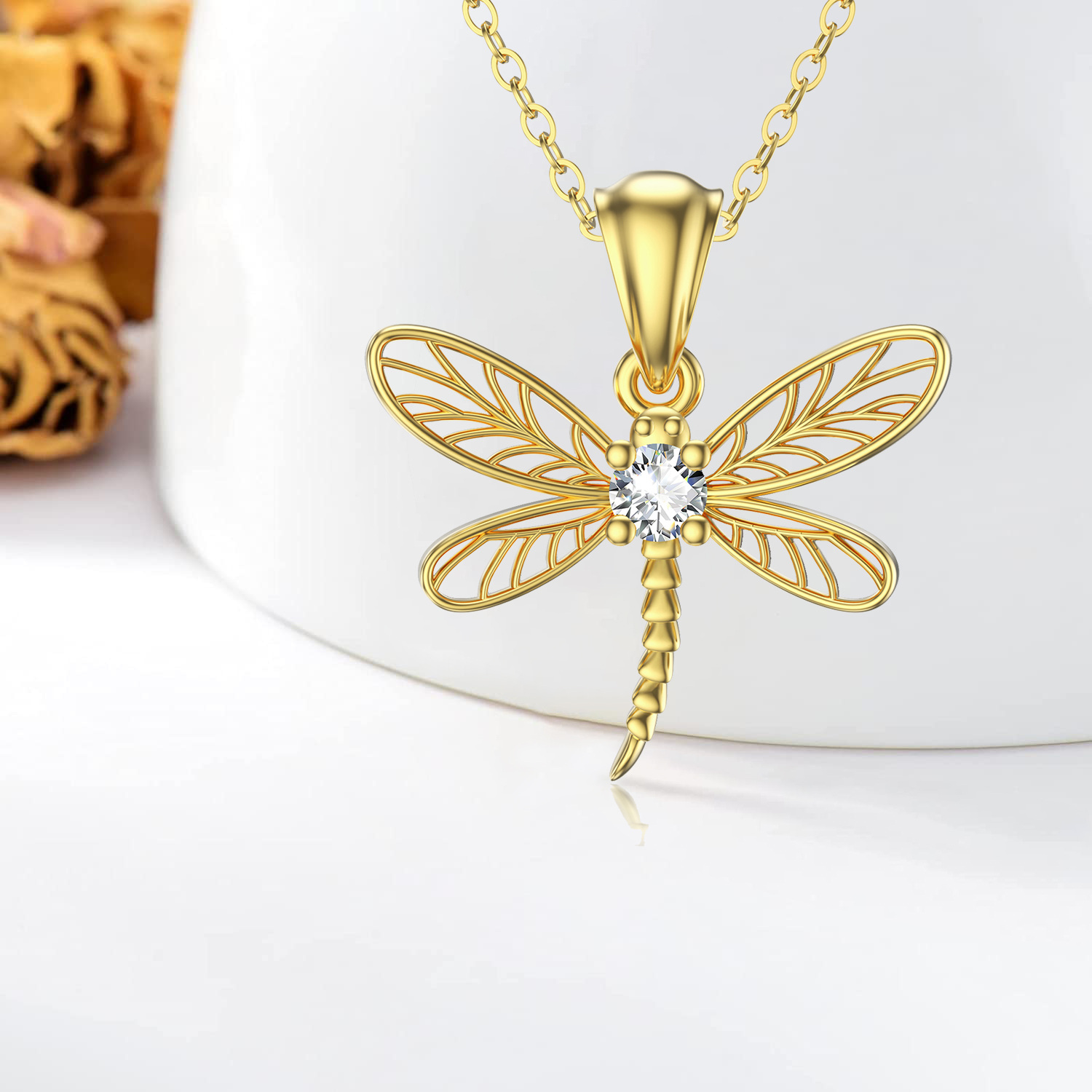 Cubic Zirconia Dragonfly Pendant Birthstone Necklace in Gold Vermeil-YAFEINI Personalized Jewelry