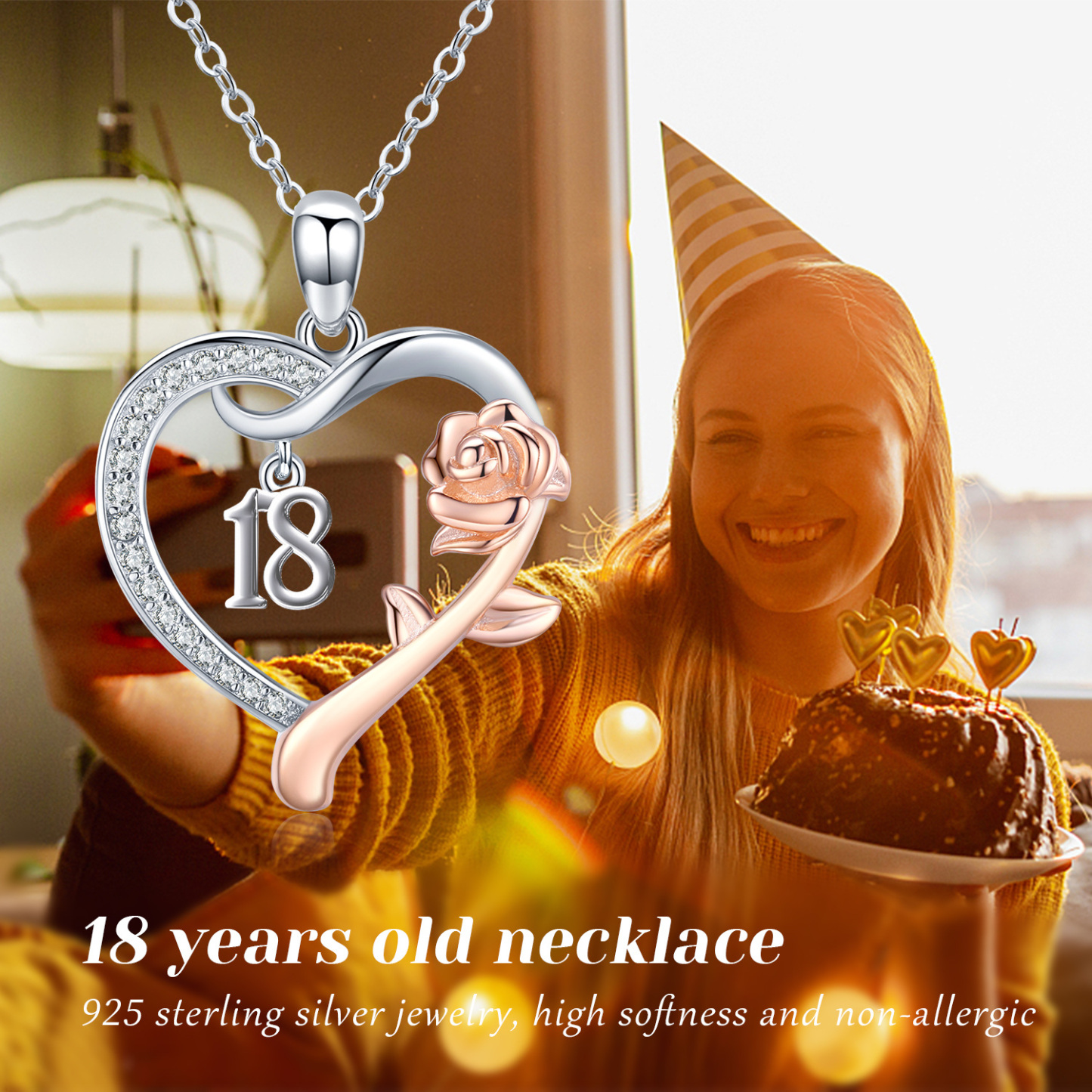Enchanting Rose & Heart Name Necklace in Sterling Silver-YAFEINI Personalized Jewelry