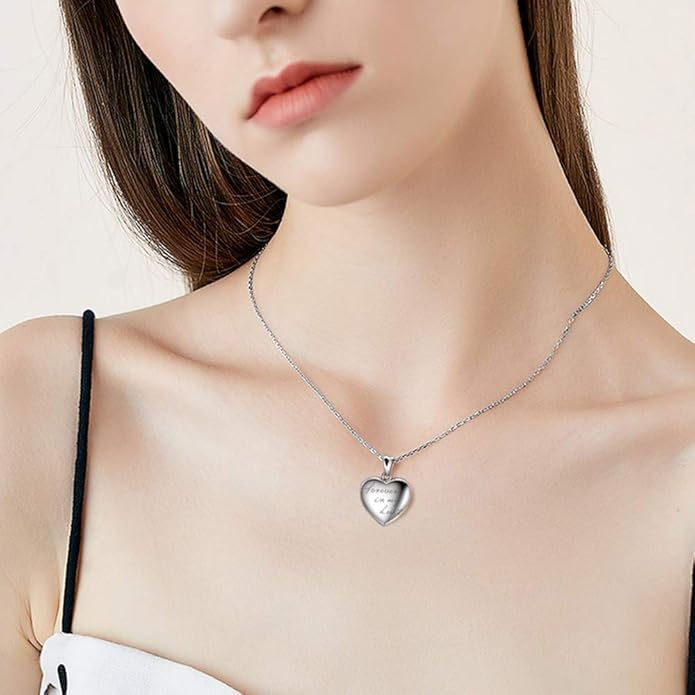 Heart Locket Necklace Engraved Forever In My Heart In 18K White Gold