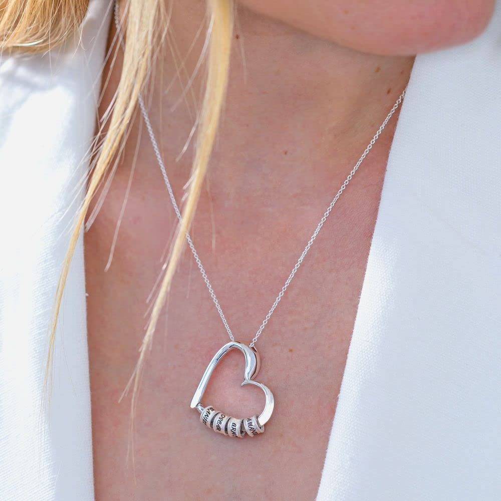 Enduring Affection Name Beads Heart Necklace in Sterling Silver-YAFEINI Personalized Jewelry