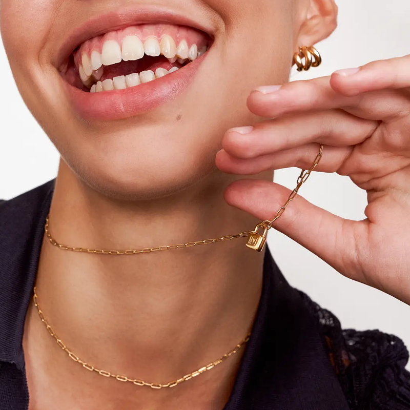 Sleek Lock Initial Necklace with Modern Paper Clip Chain in 14K Solid Gold-YAFEINI Personalized Jewelry