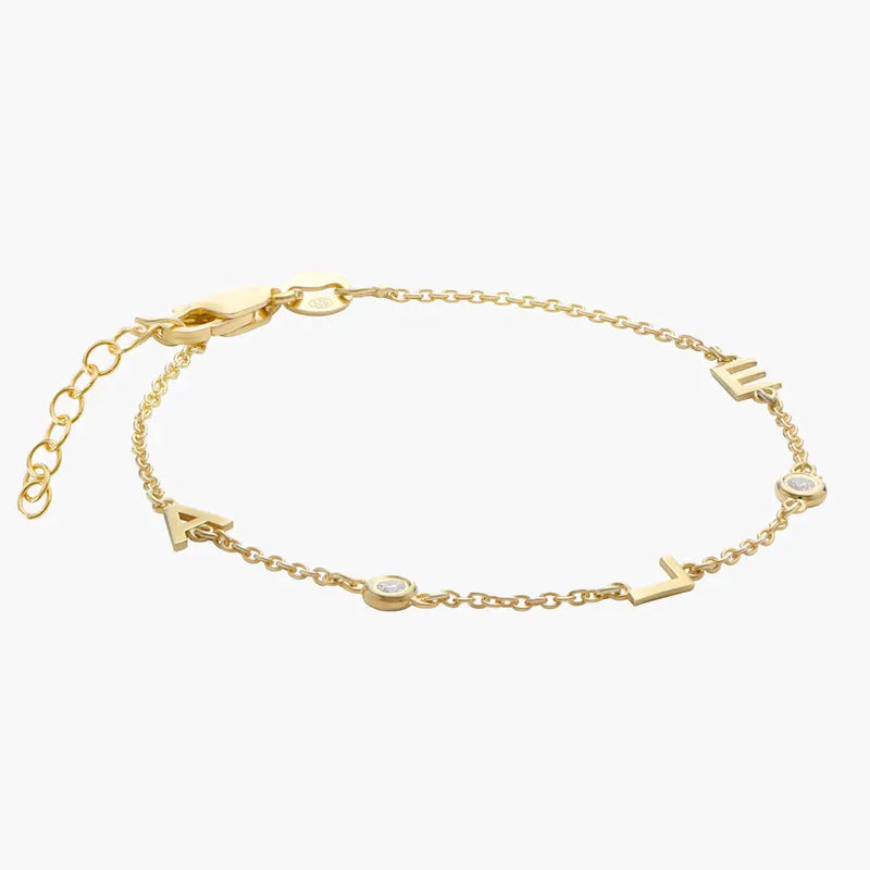 Radiant Initial Cubic Zirconia Charm Bracelet in 14K Solid Gold-YAFEINI Personalized Jewelry