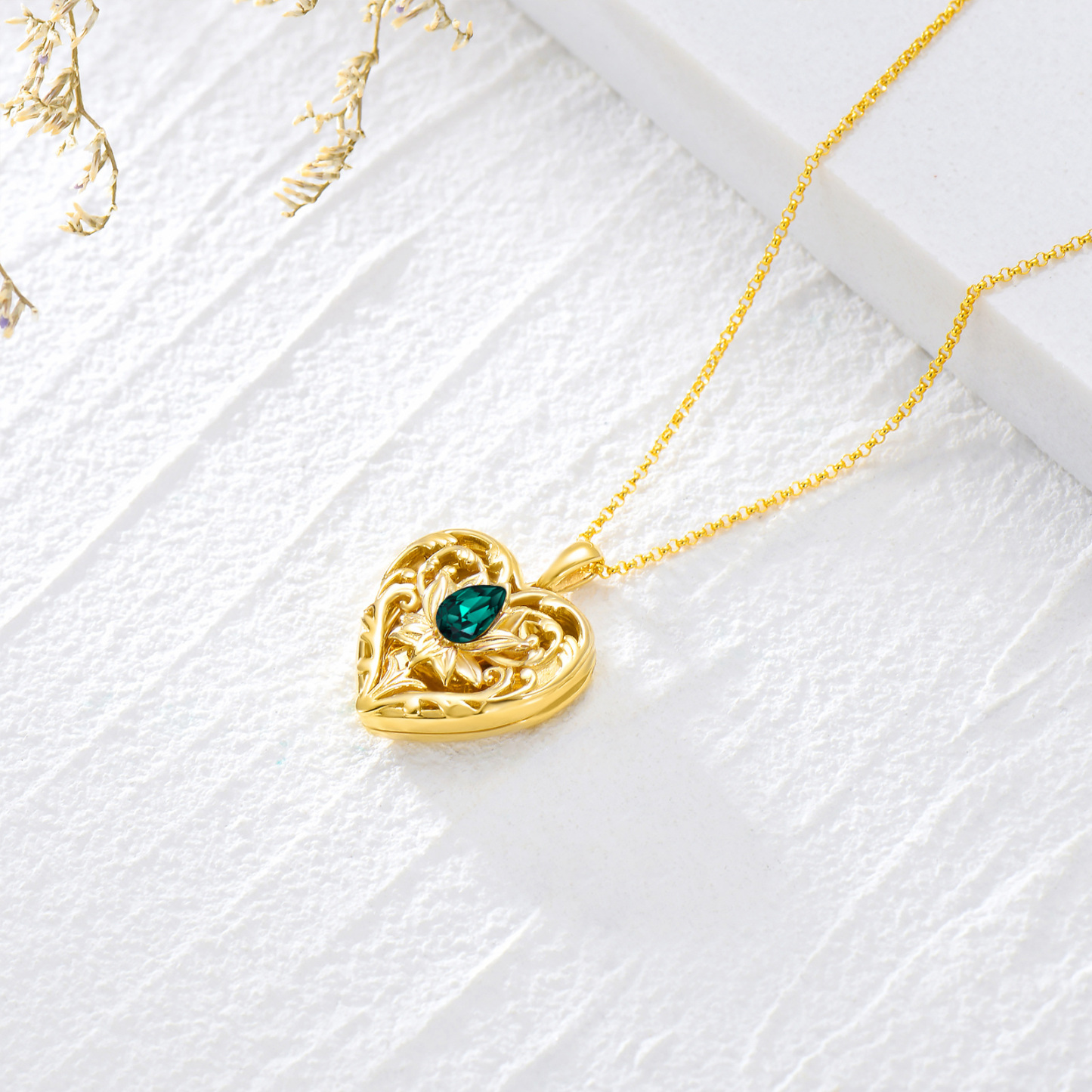 Personalized Crystal Engraving Lotus Heart Custom Photo Locket Necklace in 14K Solid Gold-YAFEINI Personalized Jewelry