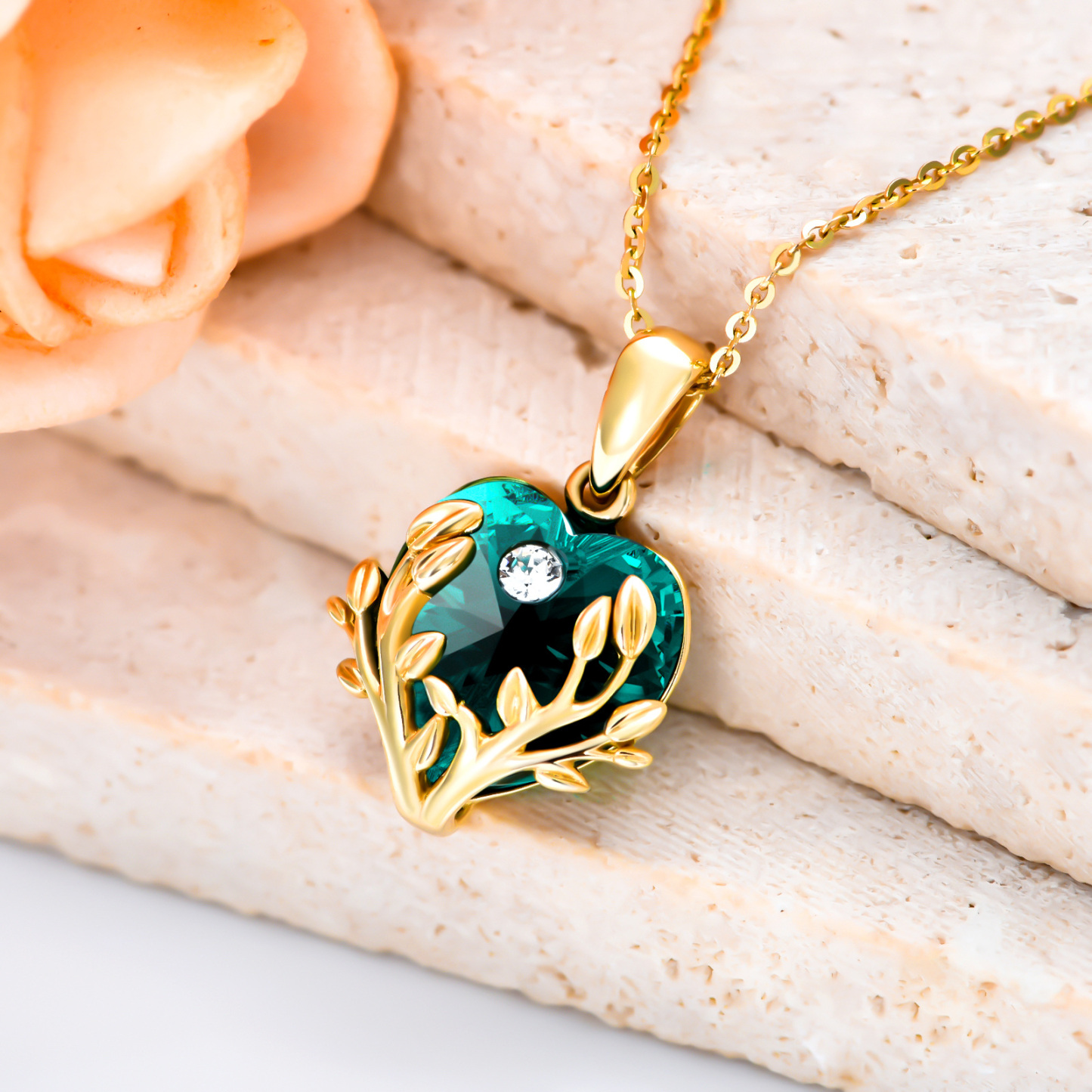 Heart Shaped Crystal Tree Of Life Birthstone Necklace in 14K Solid Gold-YAFEINI Personalized Jewelry
