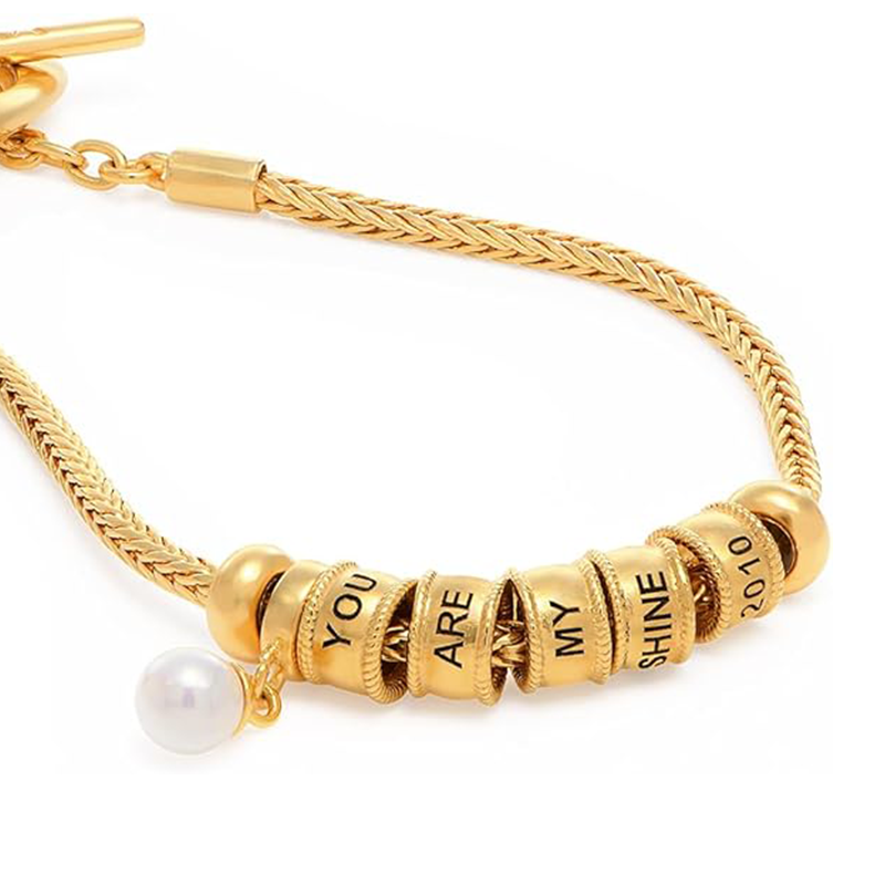 Pearl Grace Engraving Pendant Bracelet in 14K Solid Gold-YAFEINI Personalized Jewelry