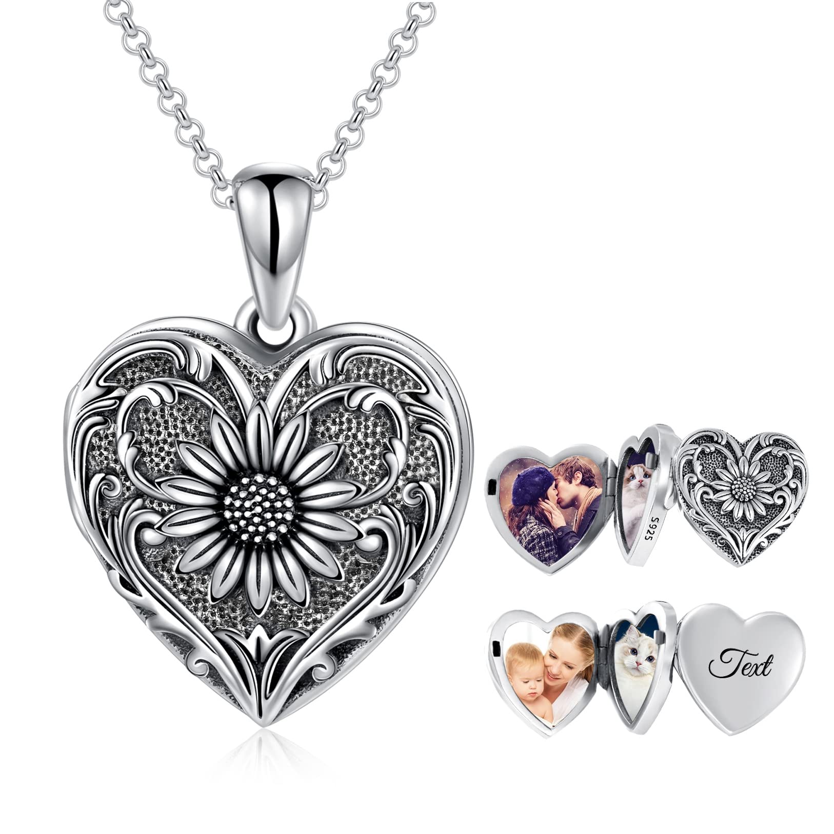 Sunflower Heart Personalized Photo Locket Necklace in Sterling Silver-YAFEINI Personalized Jewelry