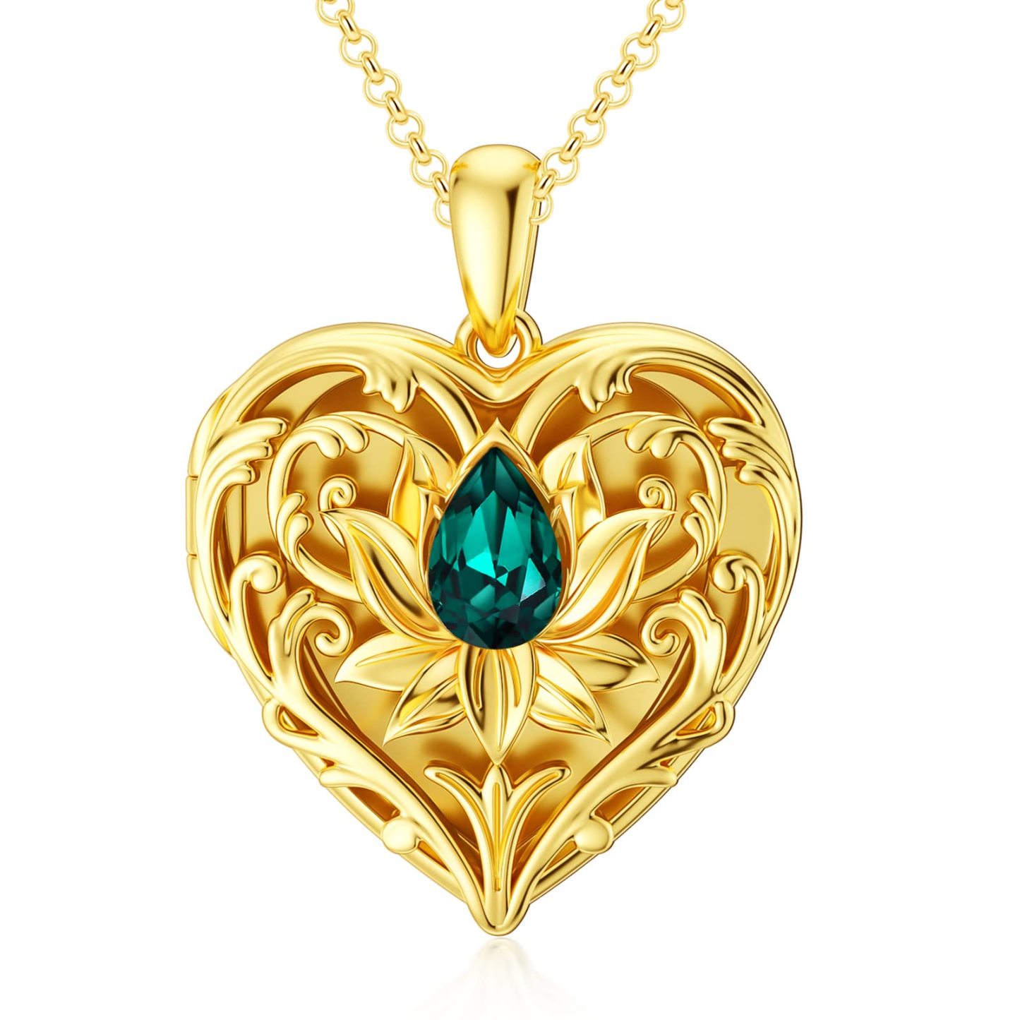 Crystal Lotus Heart Necklace for Women in 14K Solid Gold-YAFEINI Personalized Jewelry