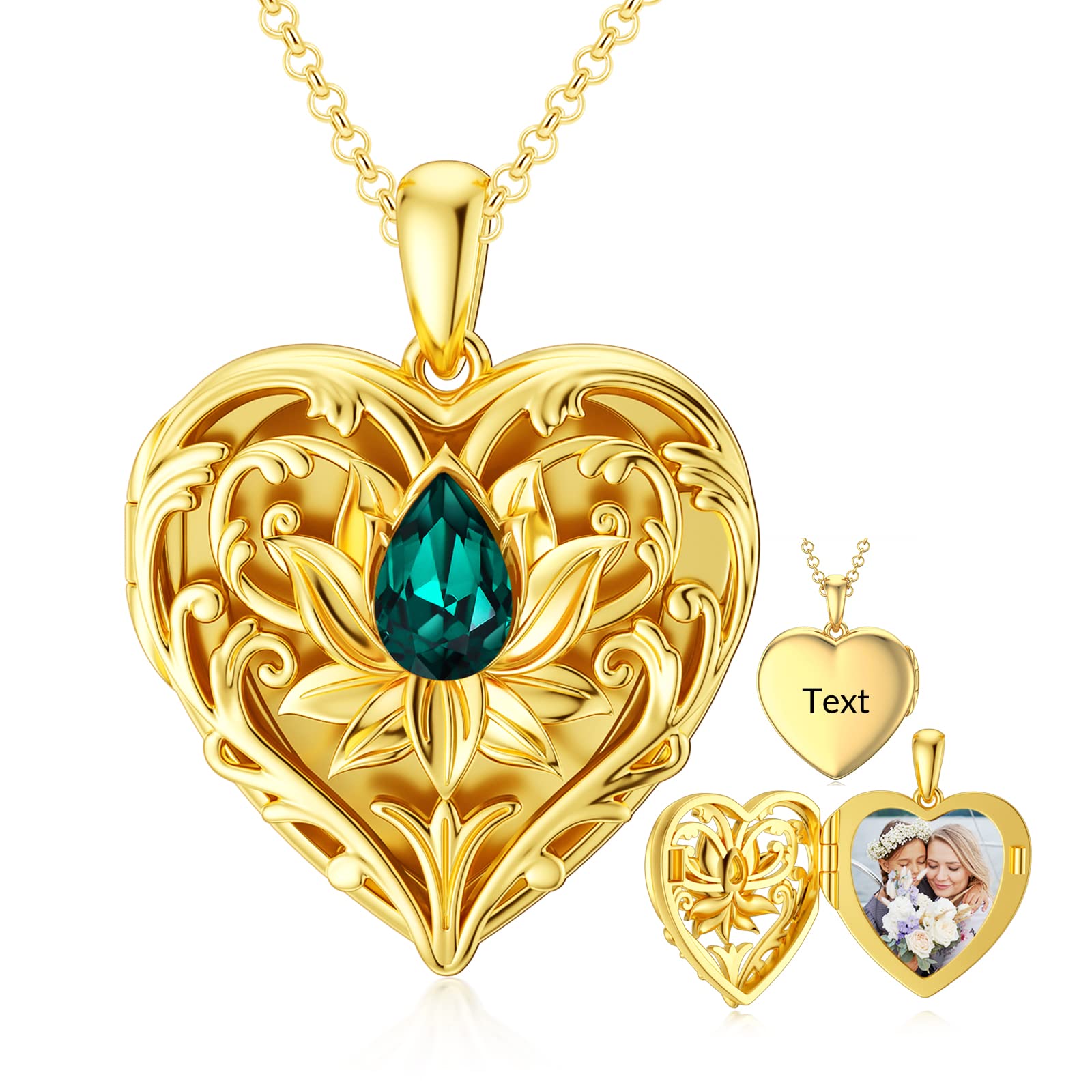 Personalized Crystal Engraving Lotus Heart Custom Photo Locket Necklace in Gold Vermeil-YAFEINI Personalized Jewelry