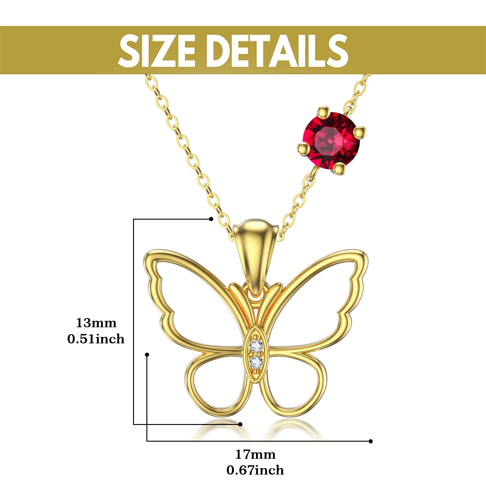 Heart Shaped Cubic Zirconia Birthstone Butterfly Necklace in 14K Solid Gold-YAFEINI Personalized Jewelry