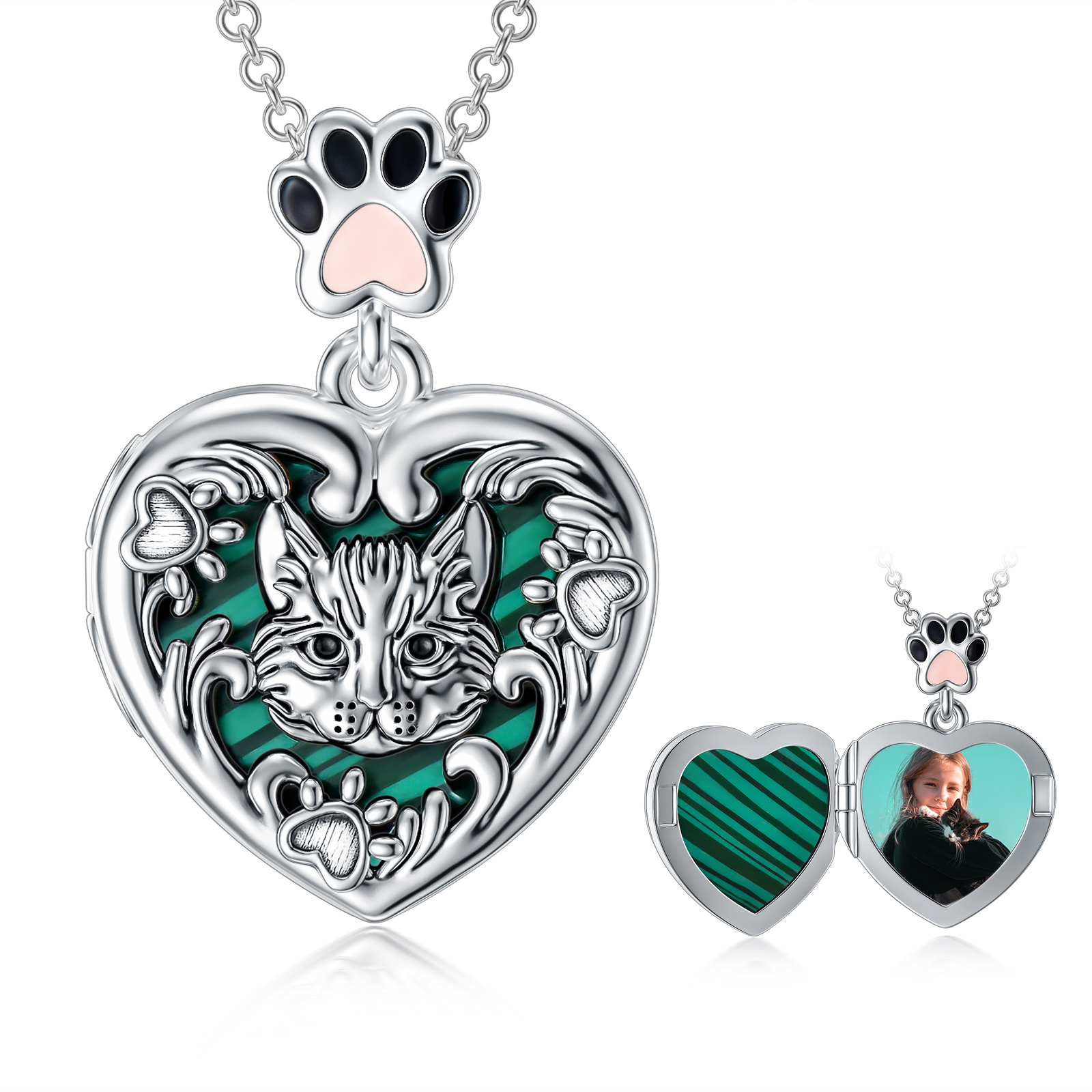 Personalized Malachite Cat Paw Photo Custom Locket Necklace in Sterling Silver-YAFEINI Personalized Jewelry