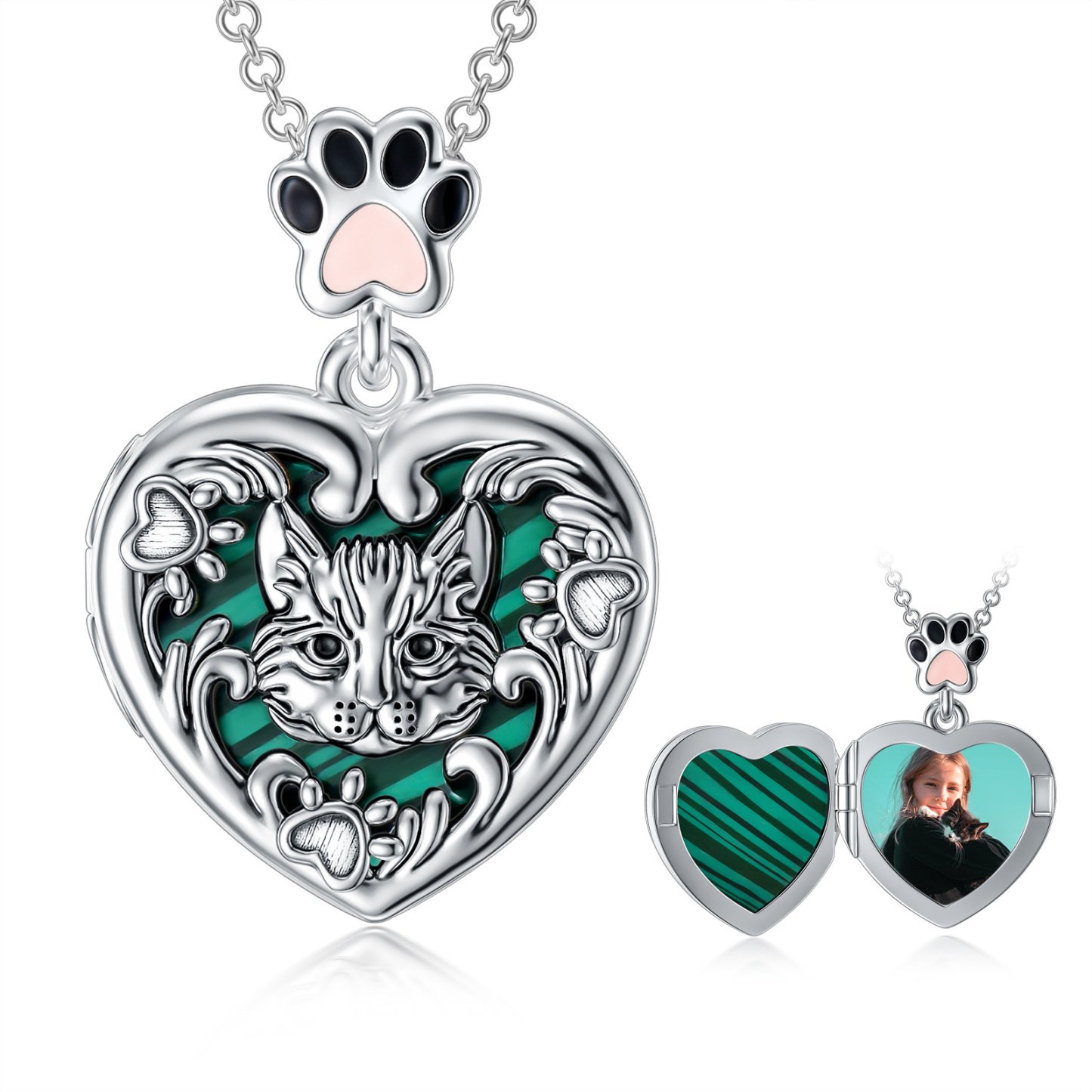 Personalized Malachite Cat Paw Photo Custom Locket Necklace in Sterling Silver-YAFEINI Personalized Jewelry