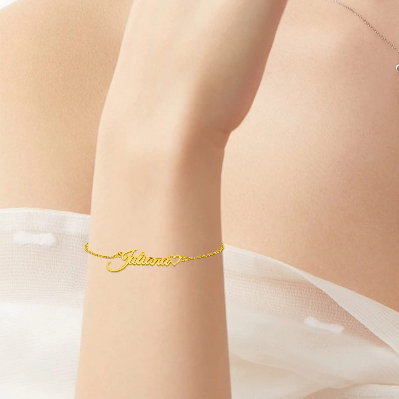 Heart-Accented Personalized Name Bracelet in 14K Solid Gold-YAFEINI Personalized Jewelry