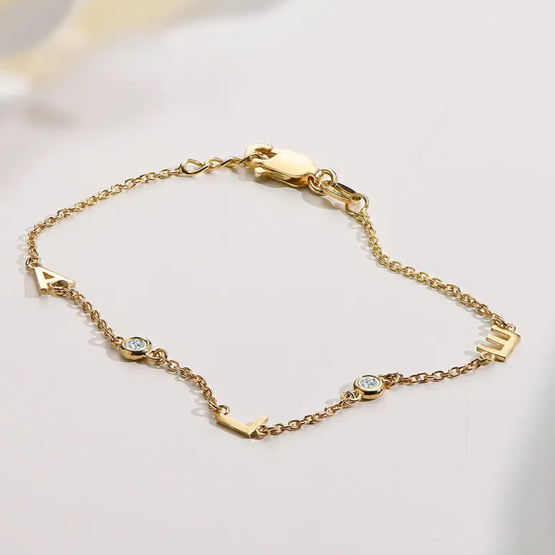 Radiant Initial Cubic Zirconia Charm Bracelet in 14K Solid Gold-YAFEINI Personalized Jewelry