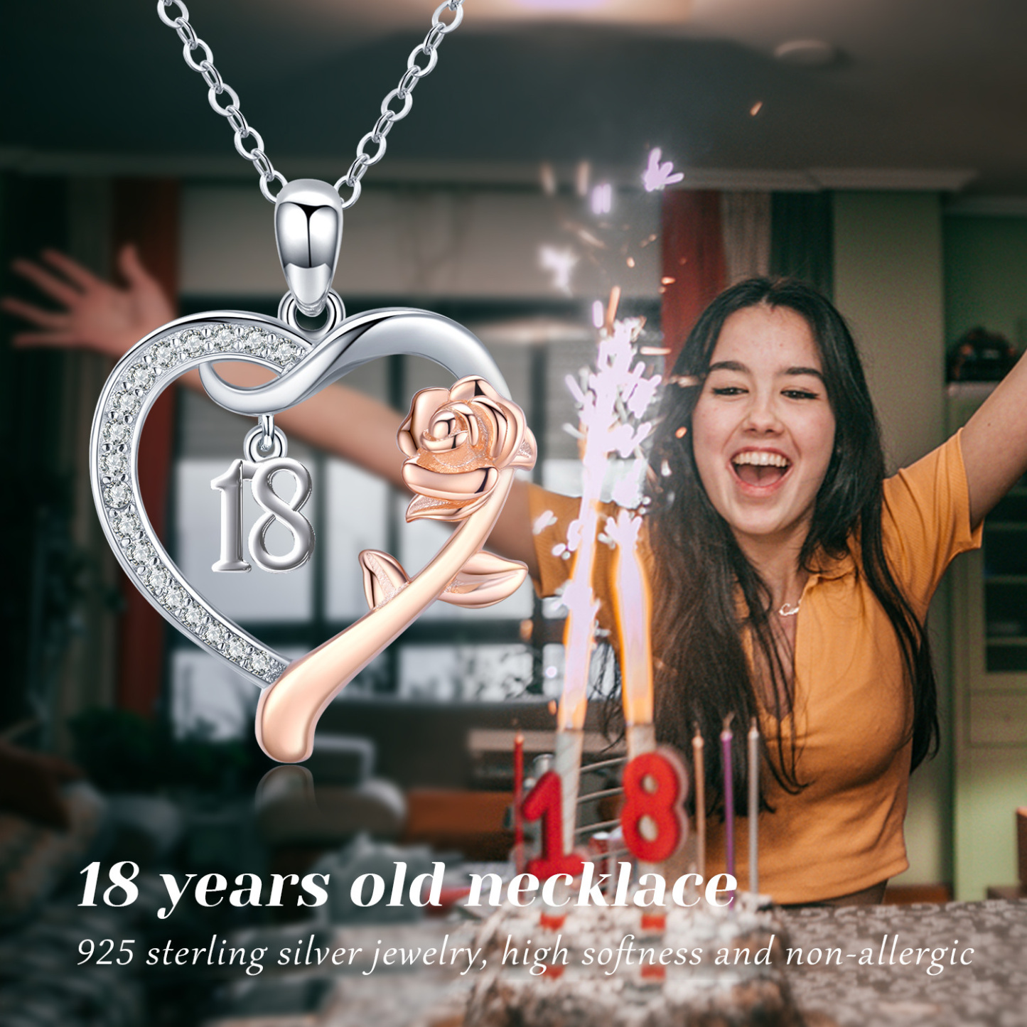 Enchanting Rose & Heart Name Necklace in Sterling Silver-YAFEINI Personalized Jewelry