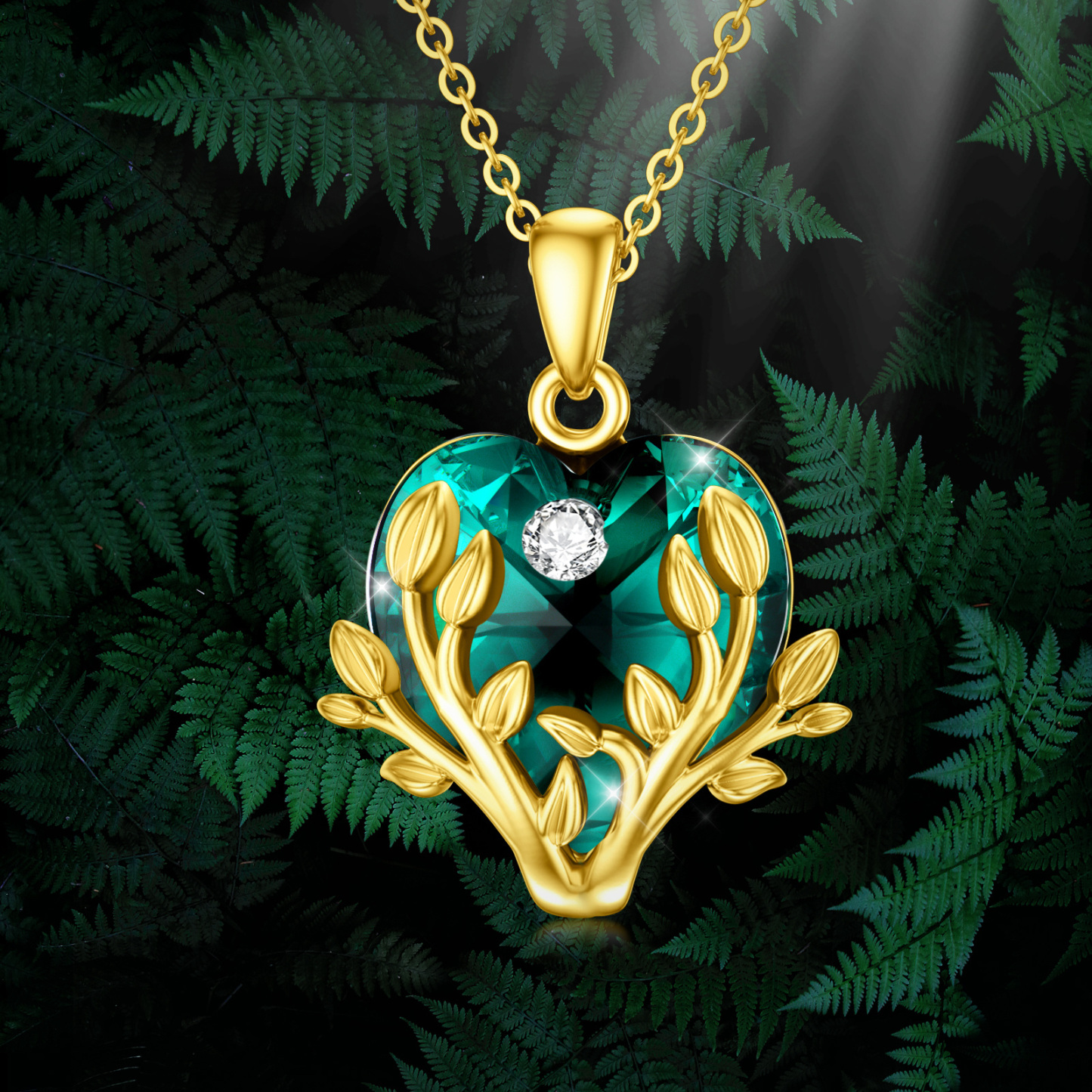 Heart Shaped Crystal Tree Of Life Birthstone Necklace in 14K Solid Gold-YAFEINI Personalized Jewelry